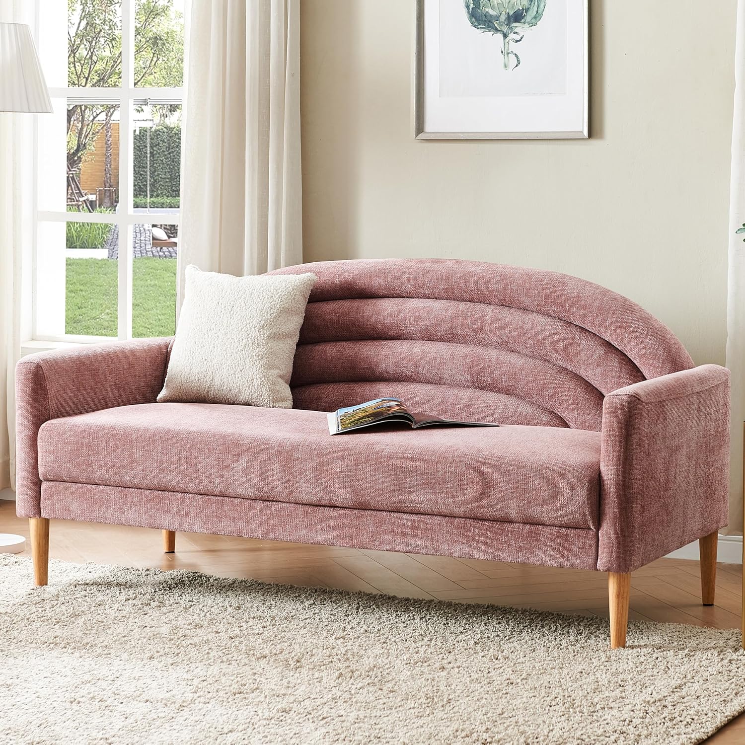 64.17" W Modern Loveseat Sofa Simple Assembly 3-Seat Couch for Living Room Wooden Legs Linen Upholstery (Pink)