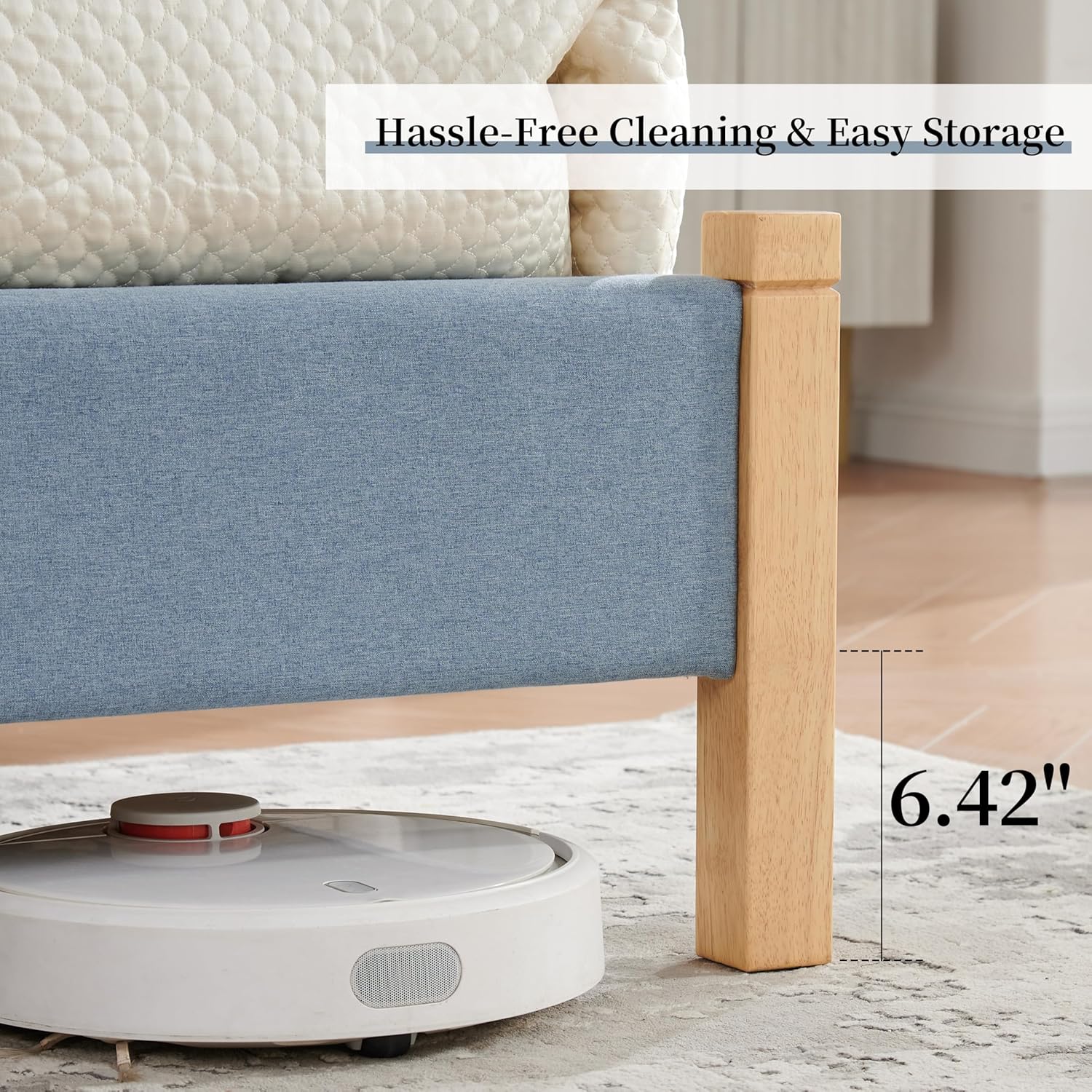 Queen Size Upholstered Bed Frame, Piano Key-Inspired Headboard, Linen Fabric, 4 Solid Wood Legs, Sturdy Metal & Wood Slats Construction, No Box Spring Needed, Easy Assembly, Light Blue