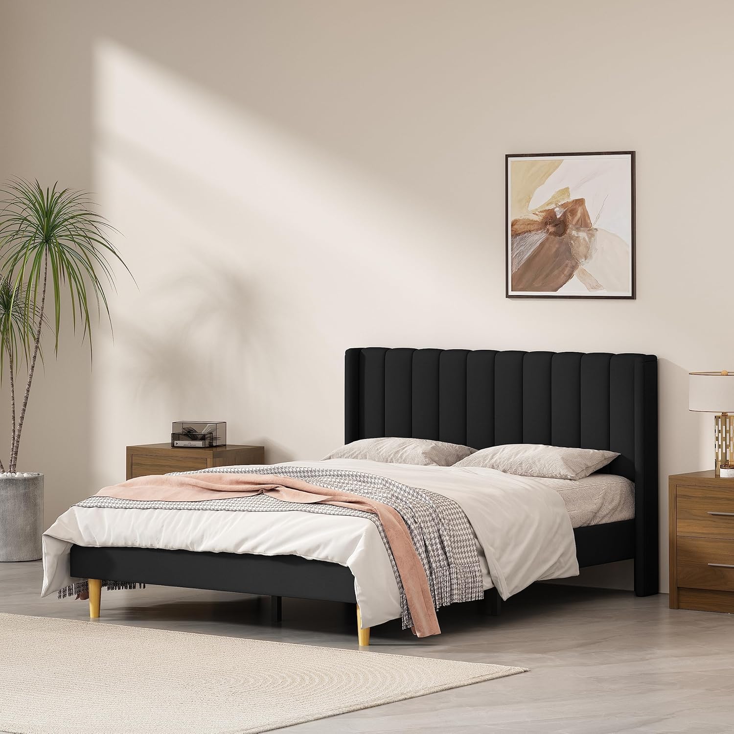 Queen Size Upholstered Platform Bed Frame with Headboard and Legsboard, Wooden Slats, Velvet Fabric, 5.9" Wood Bed Legs, No Box Spring Needed, Easy Assembly, Cream