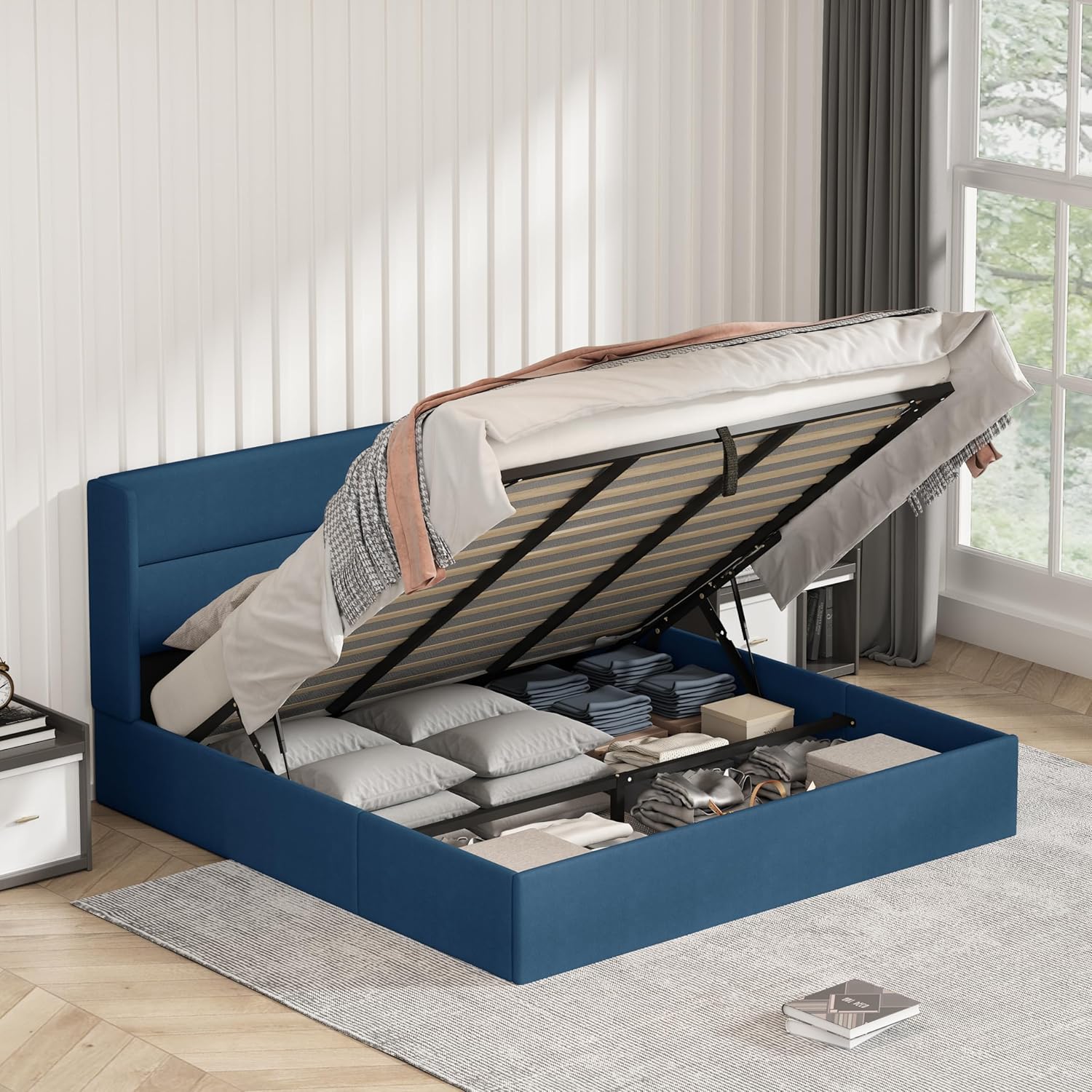 King Size Bed Frame with Storage, Upholstered Platform with Hydraulic, Flannel Fabric Wingback Headboard, Noiseless Wooden Slat Support, No Box Spring Needed, Misty Blue