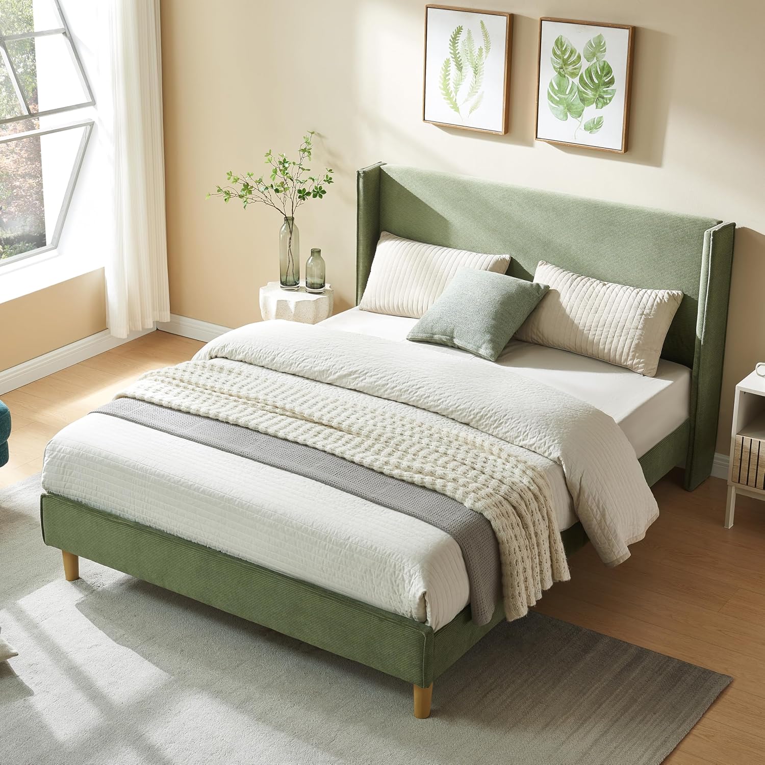 Queen Bed Frame with 42.5" High Wingback Headboard, Tall Upholstered Bed, Wooden Slats Support, Corduroy Upholstered, Noise Free, No Box Spring Needed, Easy Assembly, Turtle