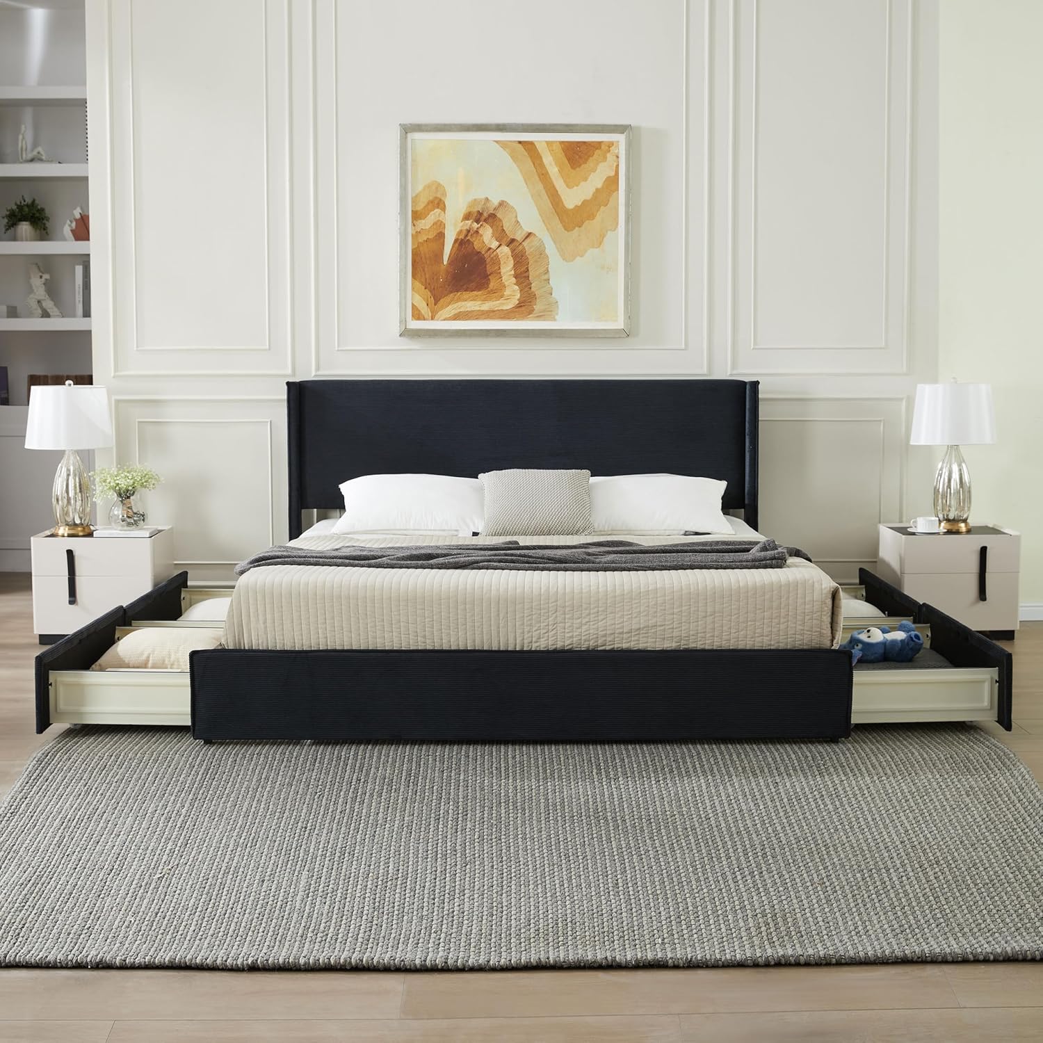 King Size Platform Bed Frame with 4 Storage Drawers, Upholstered Headboard, Wooden Slats Support, Fully Upholstered Mattress Foundation, No Box Spring Needed, Easy Assembly, Black