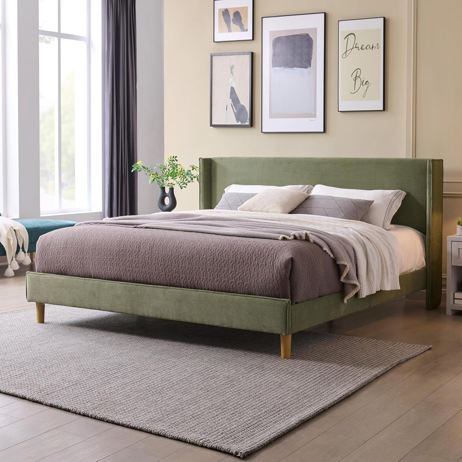 Queen Bed Frame with 42.5" High Wingback Headboard, Tall Upholstered Bed, Wooden Slats Support, Corduroy Upholstered, Noise Free, No Box Spring Needed, Easy Assembly, Turtle