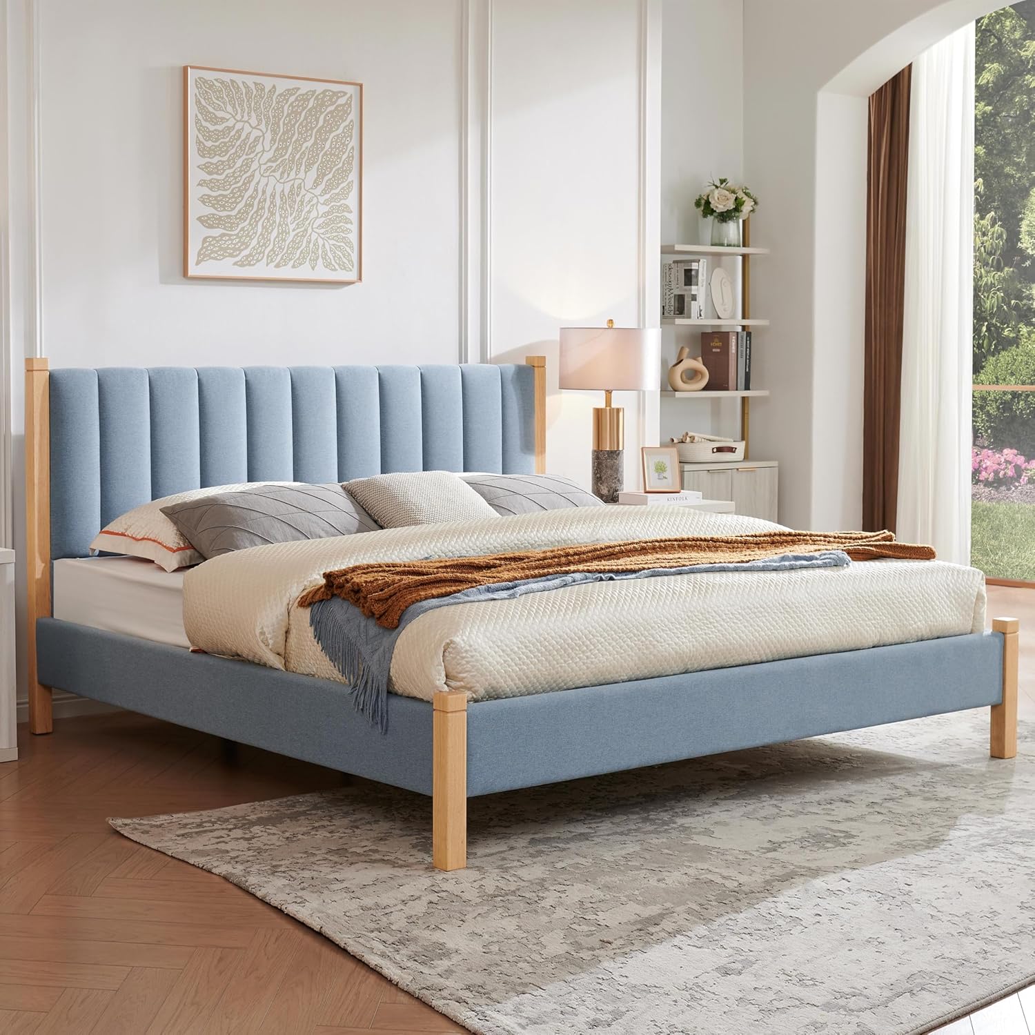 King Size Upholstered Bed Frame, Piano Key-Inspired Headboard, Linen Fabric, 4 Solid Wood Legs, Sturdy Metal & Wood Slats Construction, No Box Spring Needed, Easy Assembly, Beige