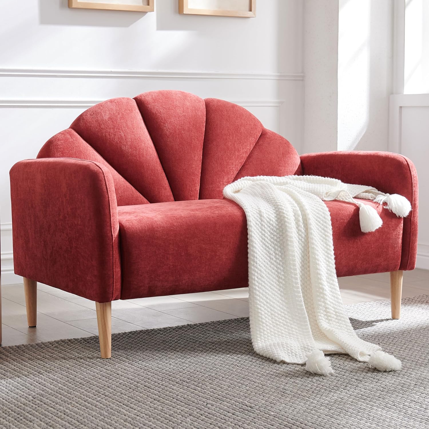 64.37" Modern loveseat Sofa, Linen Fabric Upholstered with Curved Back and Wood Legs, 3-Seater Sofa Couch for Living Room, Small Couch for Small Spaces, Easy Assemlby, Wine Red