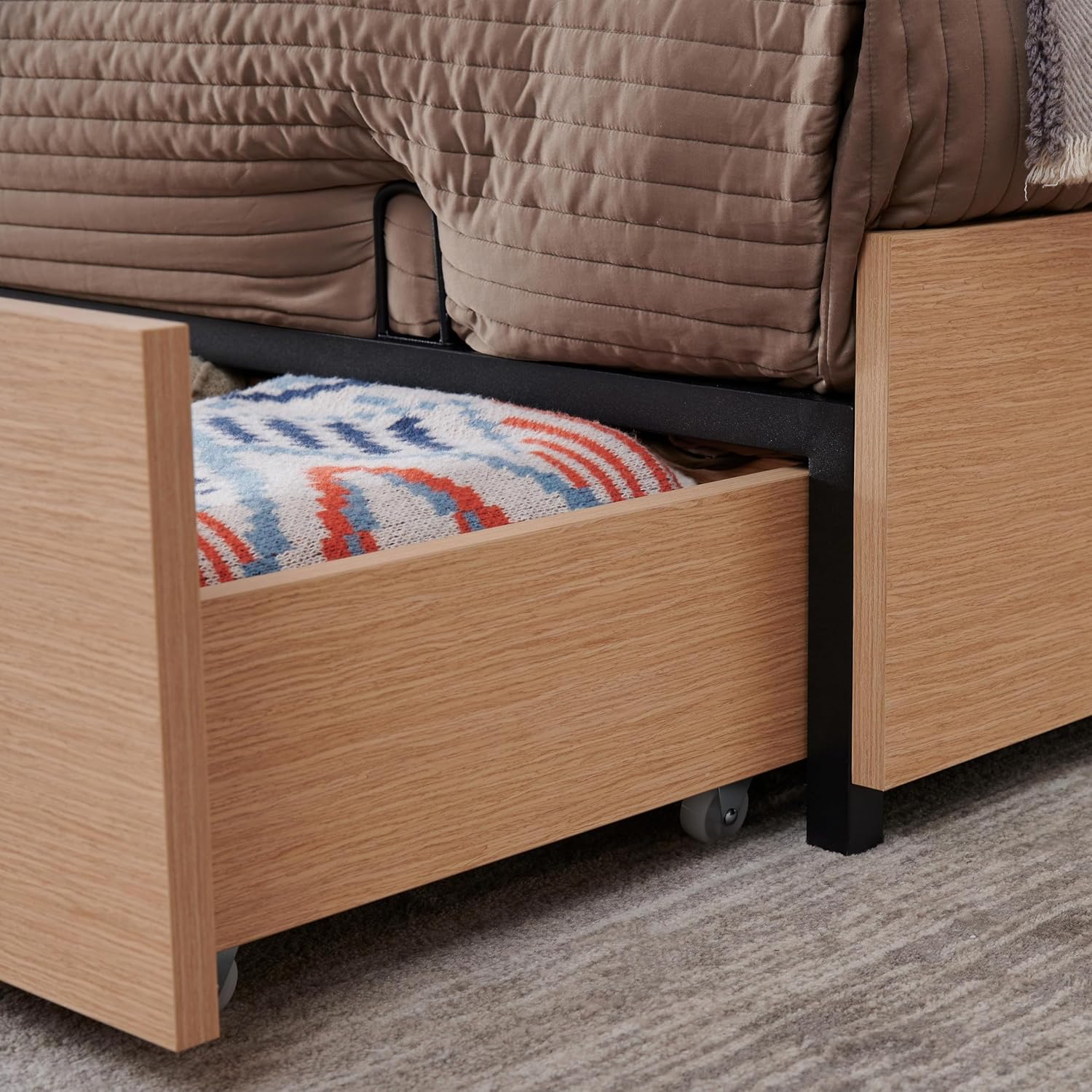 Queen Size Upholstered Bed Frame, Extra High Wingback Headboard and 2 Footboard Storage Drawers, Linen Fabric, Light Oak Wood-Finish Base, No Box Spring Needed, Easy Assembly, Light Gray