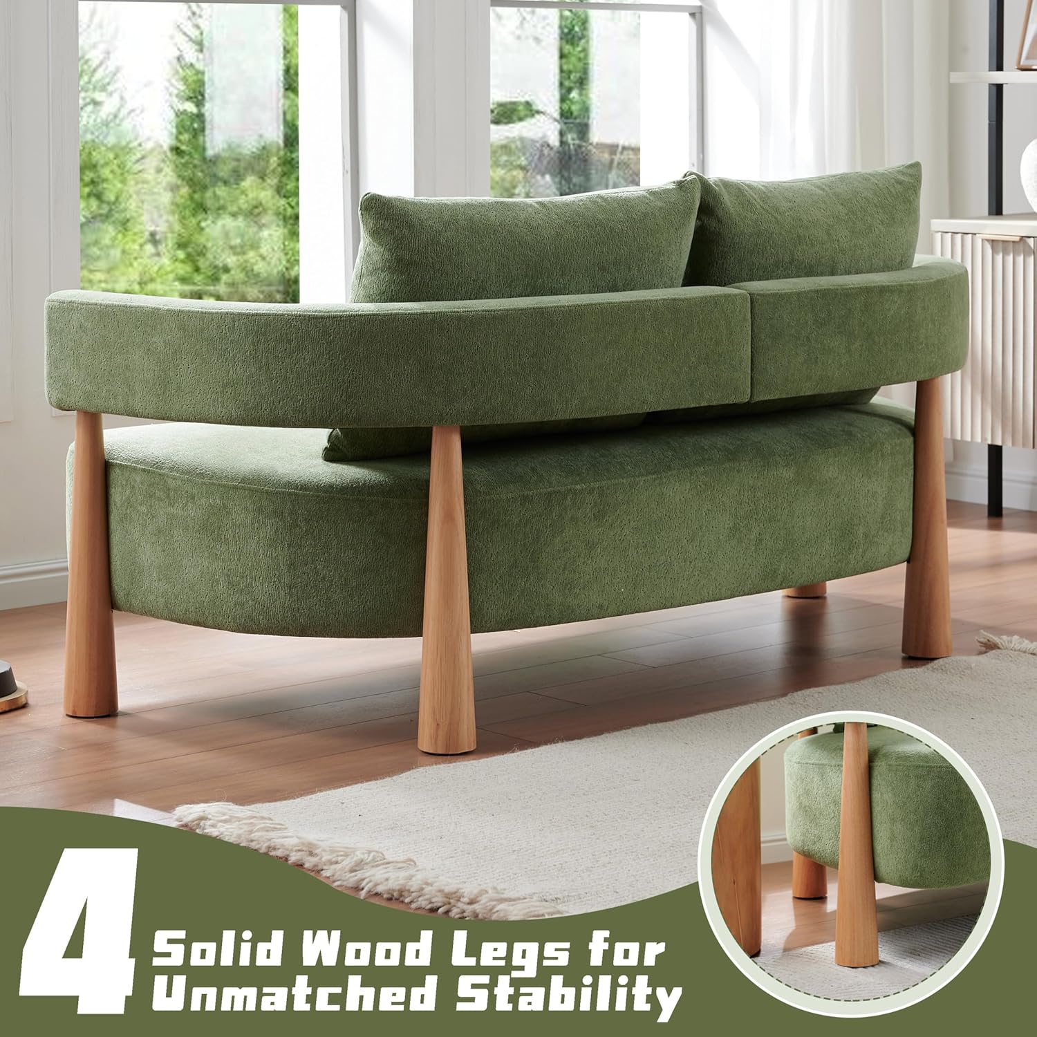 67" Premium Loveseat Sofa – Ergonomic Design with Curved Armrests, Chenille Fabric, High-Resilience Cushions, Solid Wood Legs, Floor Protection, Easy Assembly, 2 Matching Pillows, Green