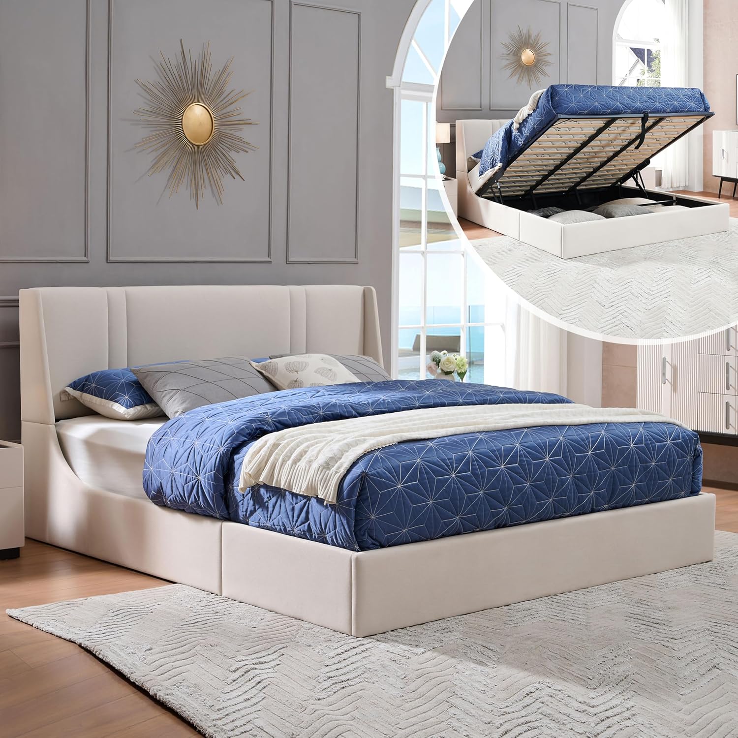 Queen Size Velvet Lift Up Storage Bed, Modern Wingback Headboard, Upholstered Platform Bed with Hydraulic Support, Metal Frame & Wood Slats, No Box Spring Needed, Easy Assembly, Ocher