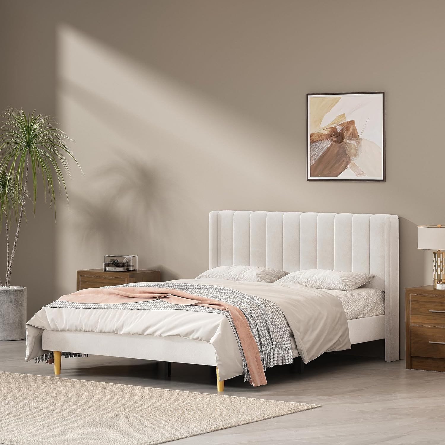 Queen Size Upholstered Platform Bed Frame with Headboard and Legsboard, Wooden Slats, Velvet Fabric, 5.9" Wood Bed Legs, No Box Spring Needed, Easy Assembly, Cream