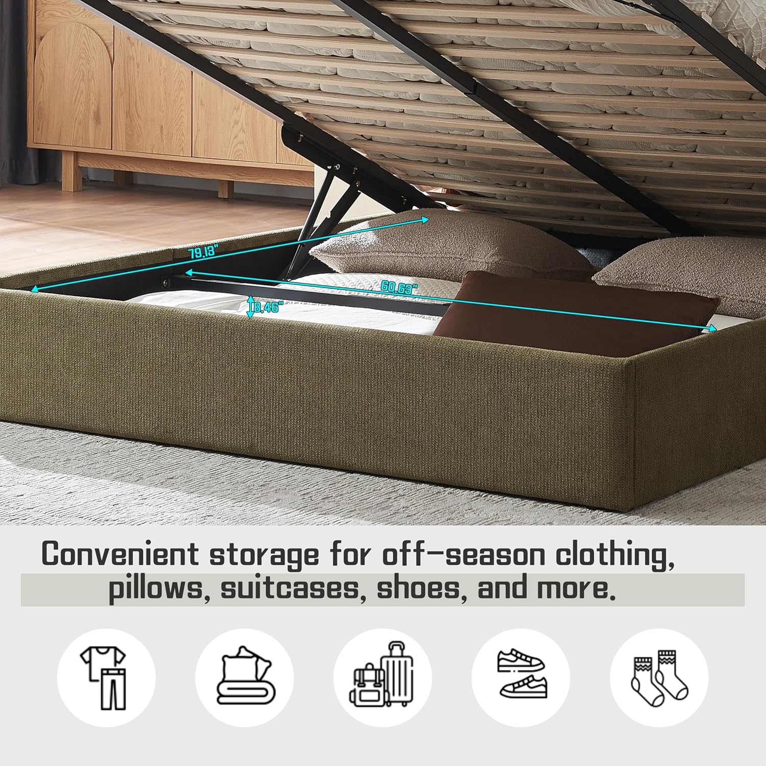 Lift Up Storage Bed Queen Size, Upholstered Platform Bed with Hydraulic System & Wood Slats Support, Queen Bed Frame with 3-Panel Headboard, No Box Spring Needed, Easy Assembly, Green
