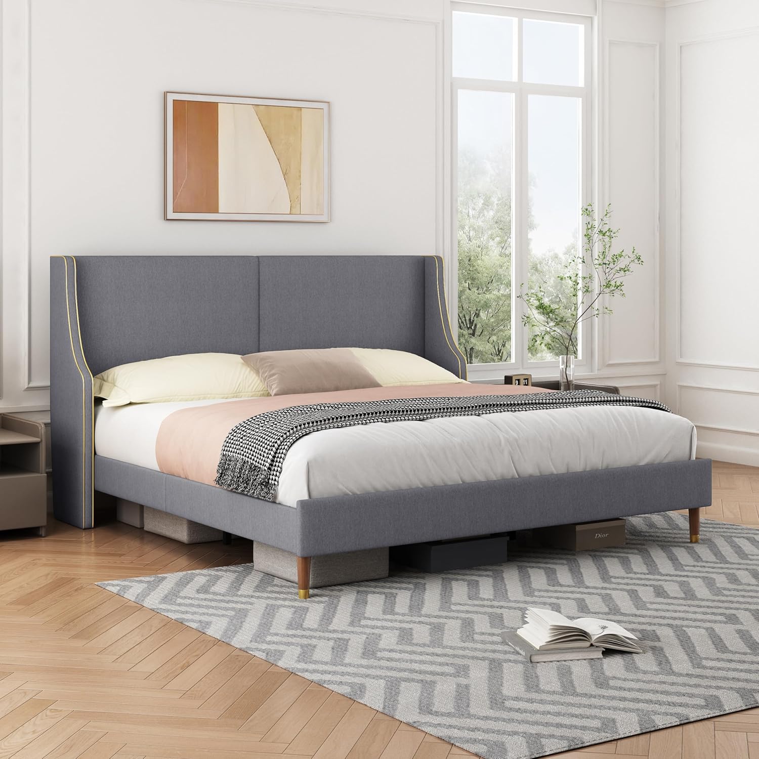 Queen Size Upholstered Platform Bed Frame, 15.16" Gold Edge Wingback Headboard, Linen Fabric & Wooden Slats, No Box Spring Needed, Easy Assembly, Beige