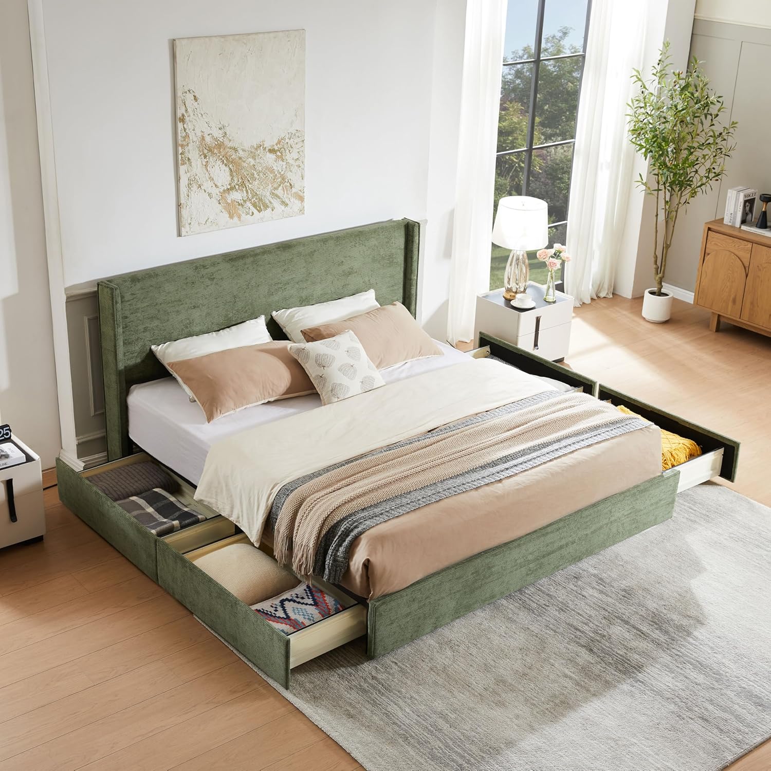 King Size Platform Bed Frame with 4 Storage Drawers, Upholstered Headboard, Wooden Slats Support, Fully Upholstered Mattress Foundation, No Box Spring Needed, Easy Assembly, Black