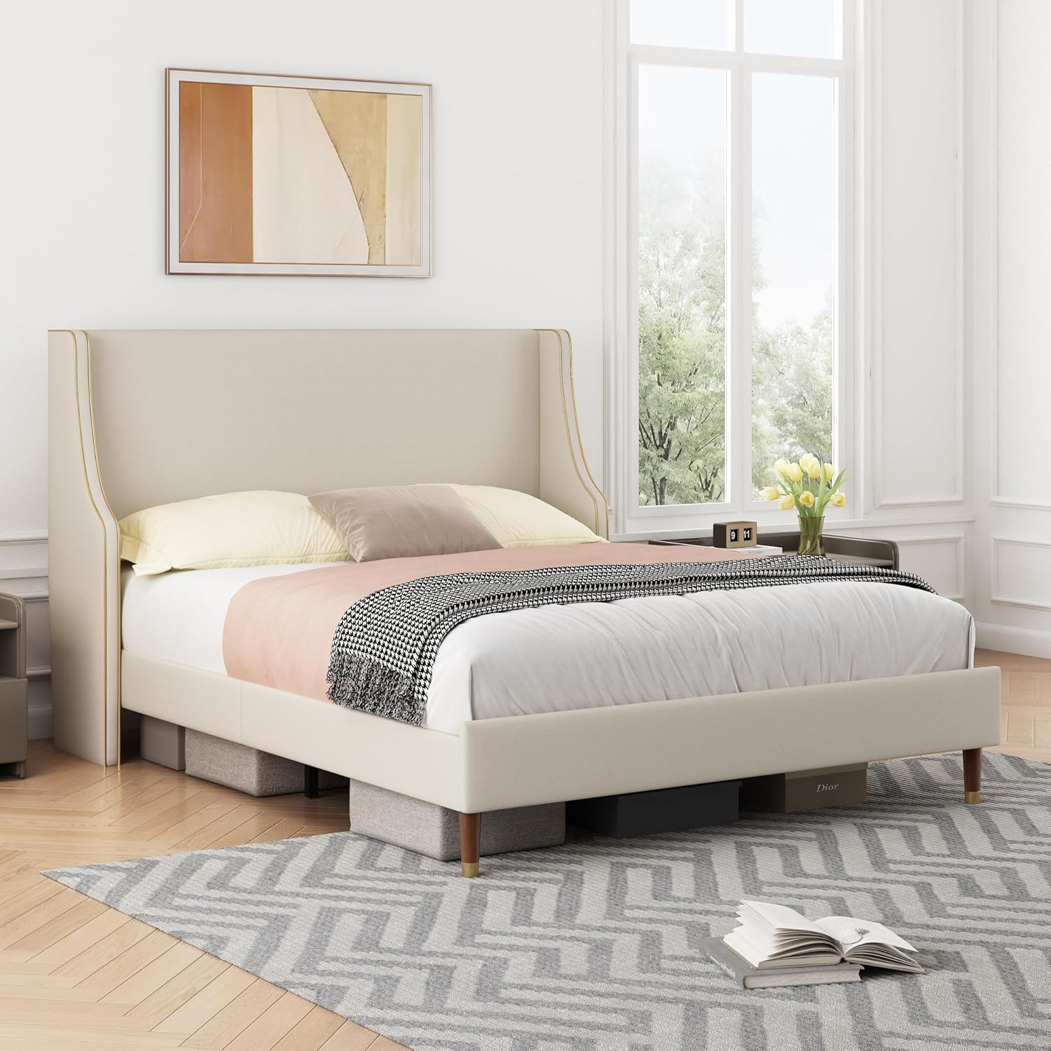 Queen Size Upholstered Platform Bed Frame, 15.16" Gold Edge Wingback Headboard, Linen Fabric & Wooden Slats, No Box Spring Needed, Easy Assembly, Beige