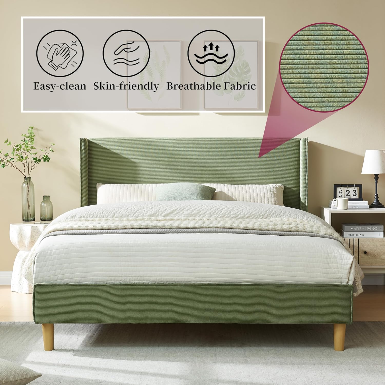 Queen Bed Frame with 42.5" High Wingback Headboard, Tall Upholstered Bed, Wooden Slats Support, Corduroy Upholstered, Noise Free, No Box Spring Needed, Easy Assembly, Turtle