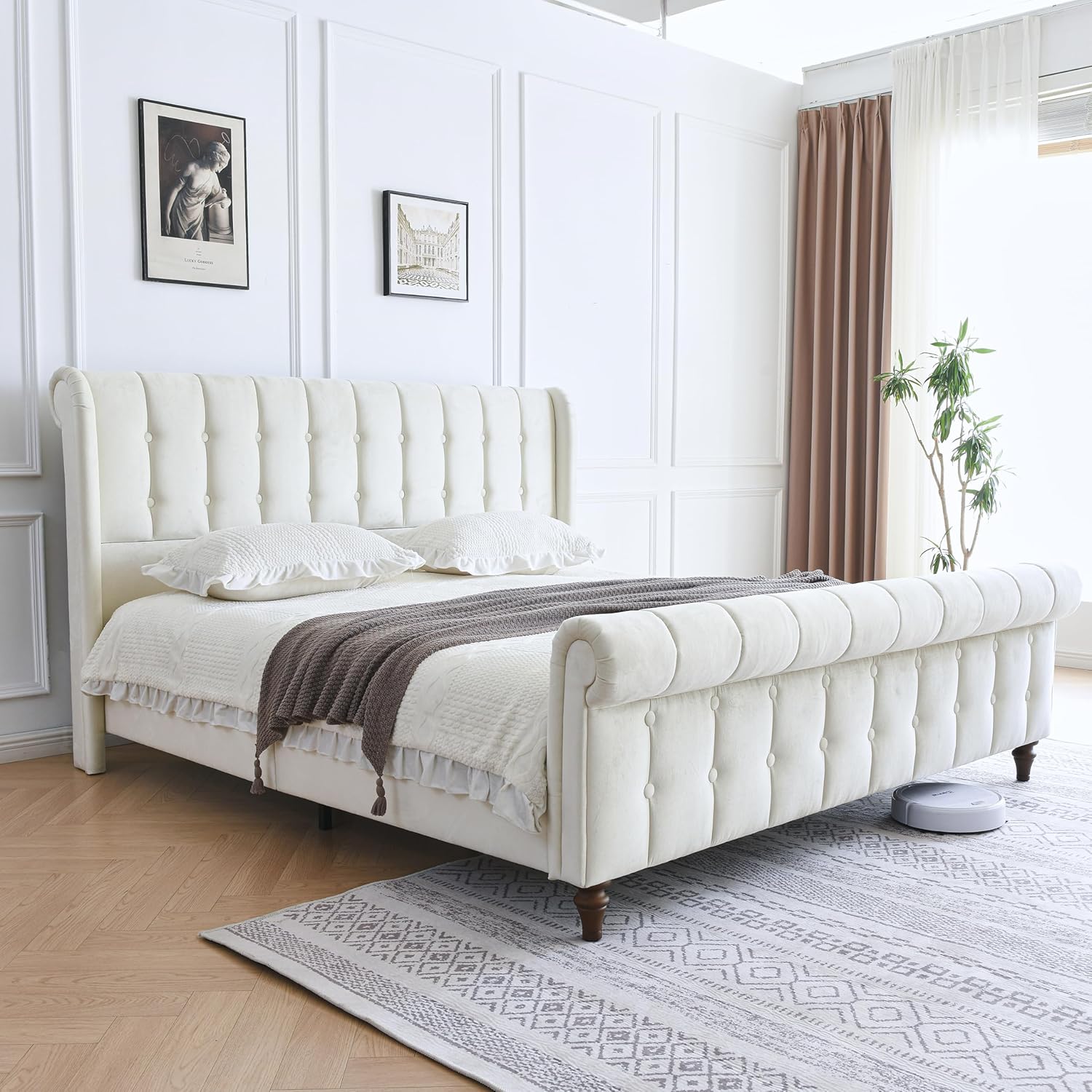 King Size Platform Bed Frame, Velvet Upholstered Sleigh Bed, Deep Button Tufted Wingback Headboard & Footboard, Wood Slat Support, No Box Spring Required, Easy Assemble, Cream