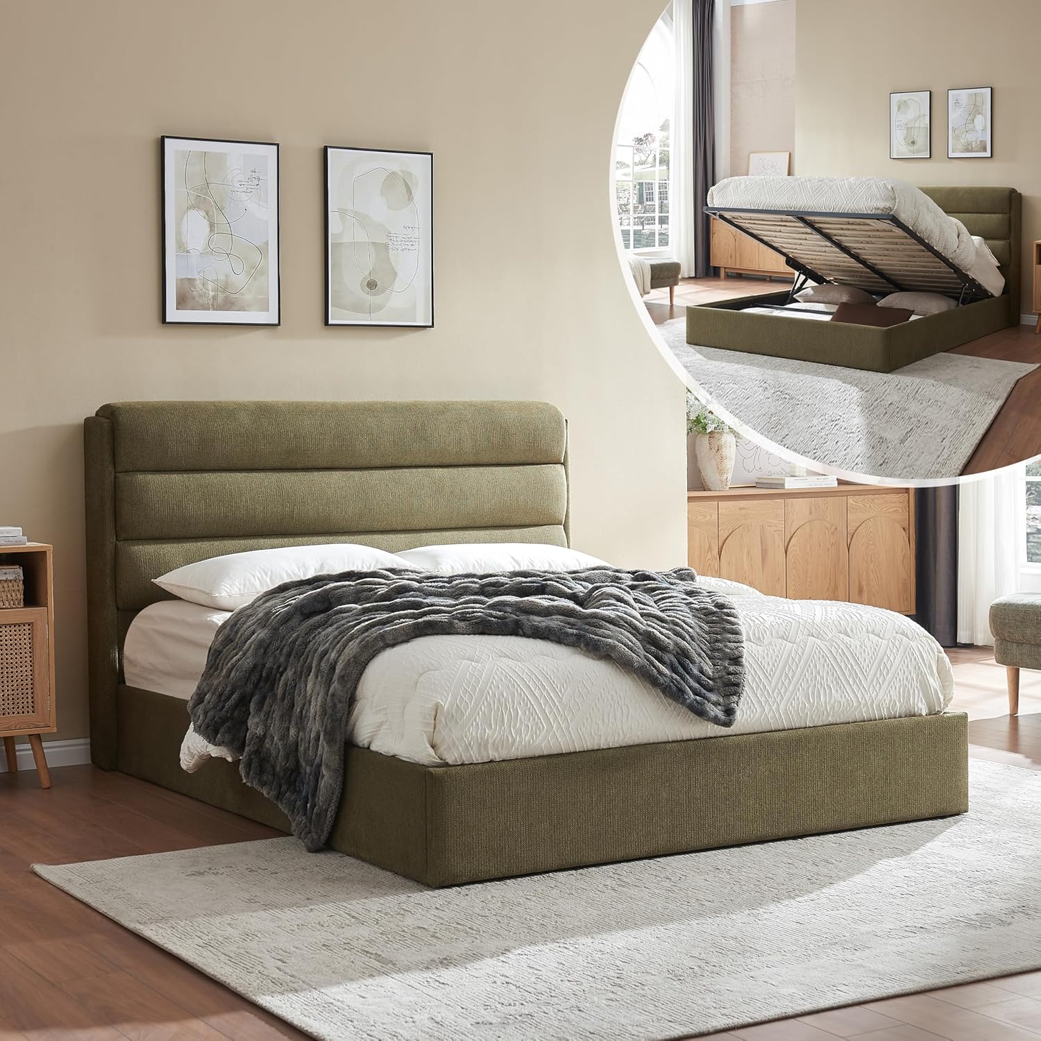 Lift Up Storage Bed Queen Size, Upholstered Platform Bed with Hydraulic System & Wood Slats Support, Queen Bed Frame with 3-Panel Headboard, No Box Spring Needed, Easy Assembly, Ivory