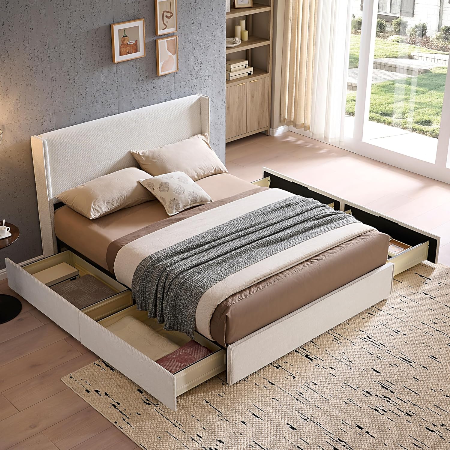 King Size Platform Bed Frame with 4 Storage Drawers, Upholstered Headboard, Wooden Slats Support, Fully Upholstered Mattress Foundation, No Box Spring Needed, Easy Assembly, Black