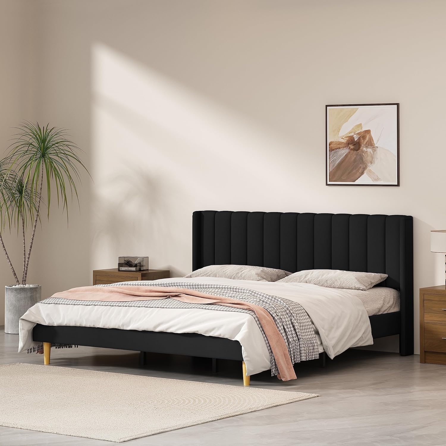 Queen Size Upholstered Platform Bed Frame with Headboard and Legsboard, Wooden Slats, Velvet Fabric, 5.9" Wood Bed Legs, No Box Spring Needed, Easy Assembly, Cream