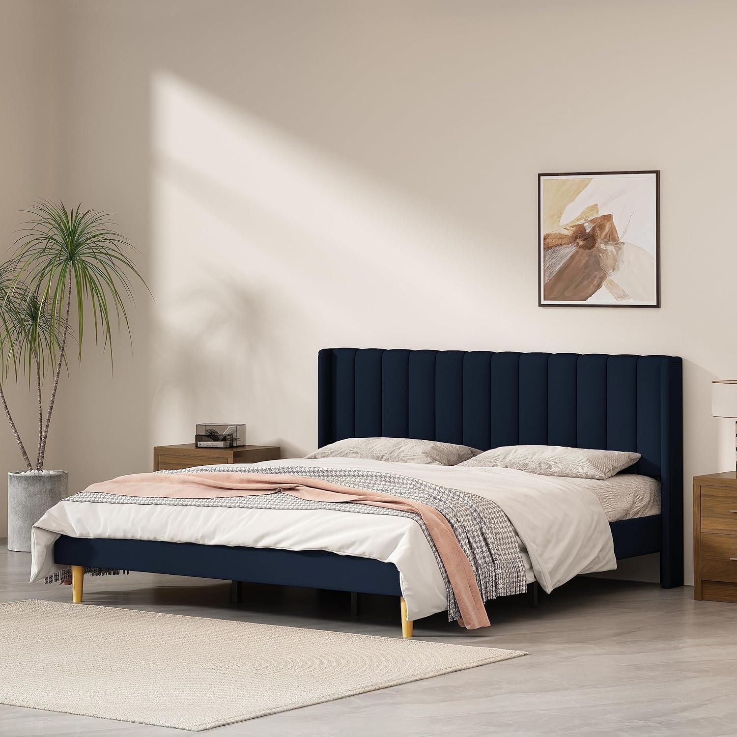 Queen Size Upholstered Platform Bed Frame with Headboard and Legsboard, Wooden Slats, Velvet Fabric, 5.9" Wood Bed Legs, No Box Spring Needed, Easy Assembly, Cream