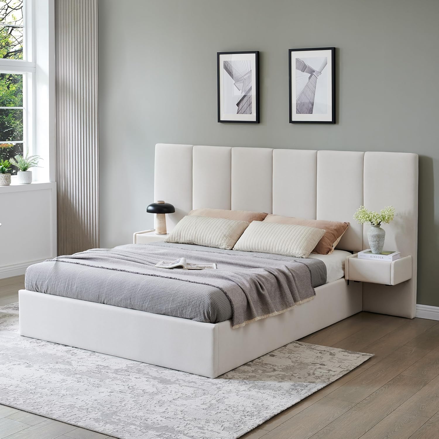 Queen Size Upholstered Platform Bed Frame with Lift-Up Storage, Velvet Headboard & Built-in Nightstands, No Box Spring Needed, Beige