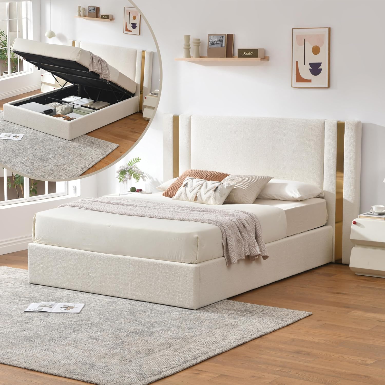 Queen Size Lift Up Storage Bed, Upholstered Platform Bed Frame with Linen Fabric, Solid-Platform Bed with Wide Headboard, Hydraulic Storage, No Box Spring Needed, Eay Assembly, Mink