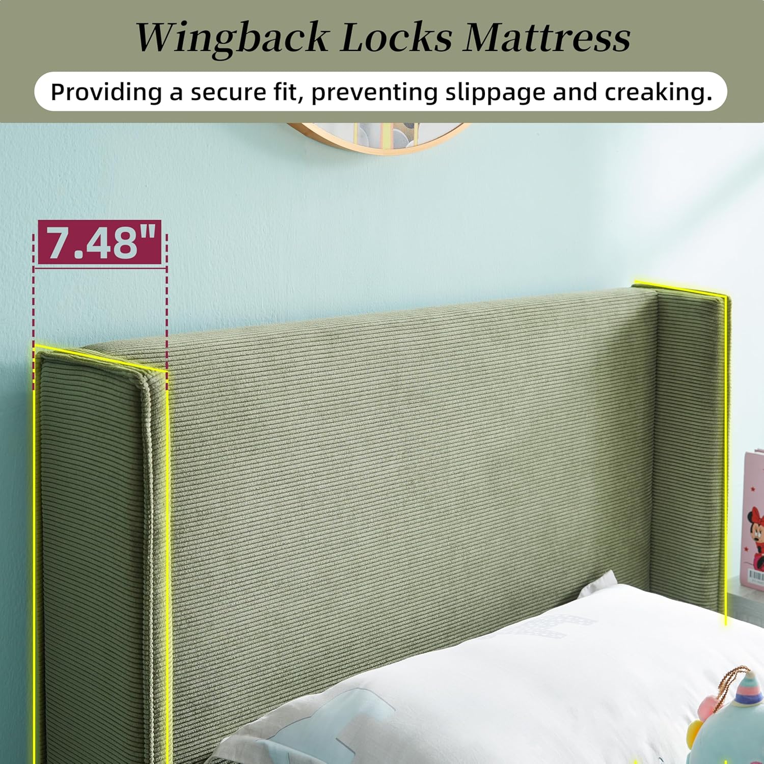 Queen Bed Frame with 42.5" High Wingback Headboard, Tall Upholstered Bed, Wooden Slats Support, Corduroy Upholstered, Noise Free, No Box Spring Needed, Easy Assembly, Turtle