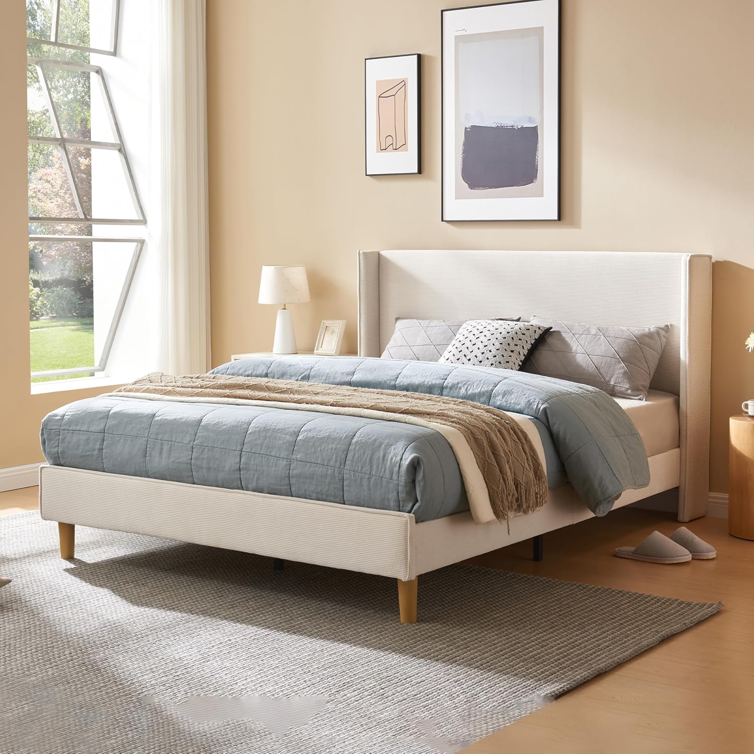 King Size Upholstered Platform Bed Frame with Modern Wingback Headboard, Corduroy Bed Frame with Underneath Storage, Wooden SLats Support, No Box Spring Needed, Easy Assenmbly, Turtle