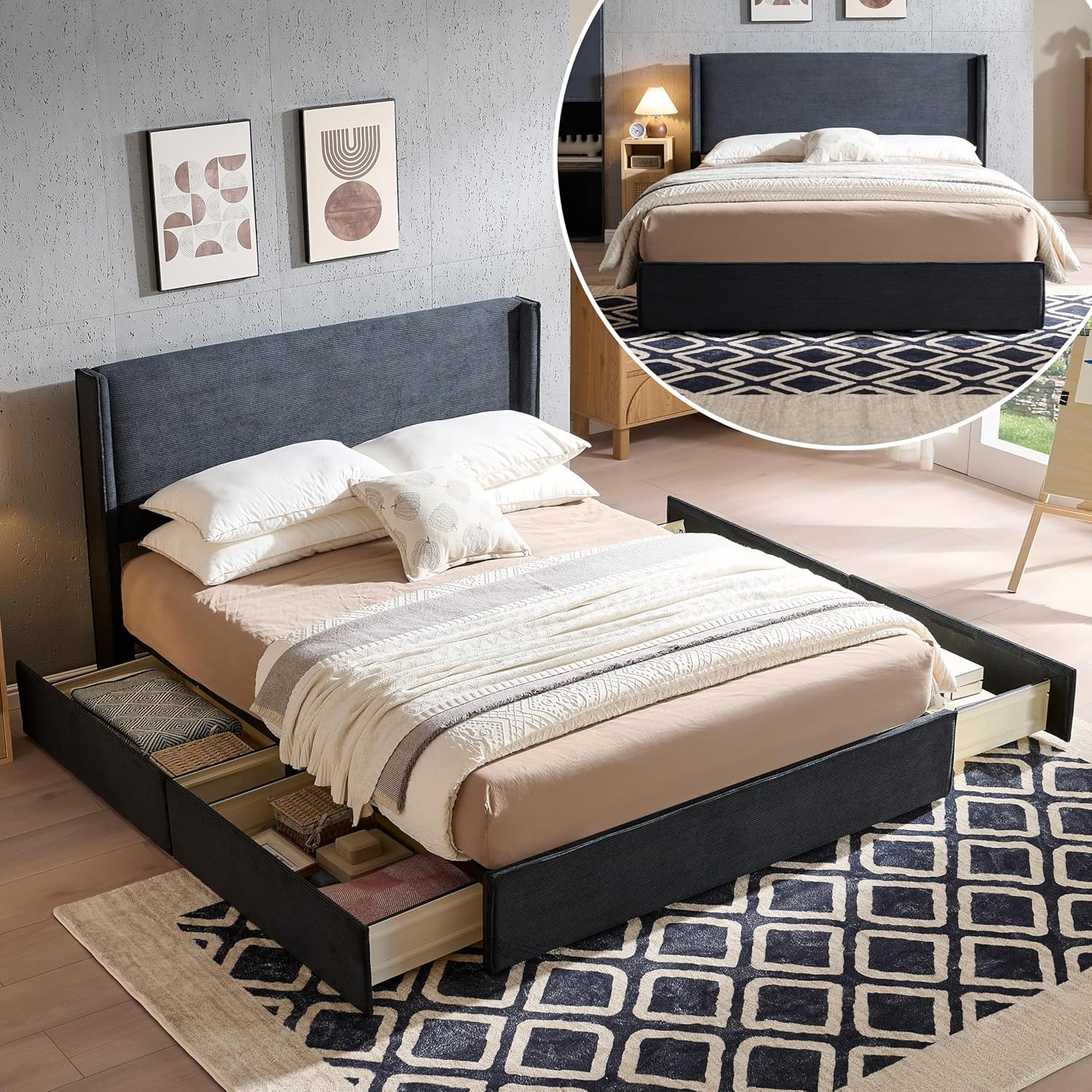 King Size Upholstered Platform Bed Frame with Modern Wingback Headboard, Corduroy Bed Frame with Underneath Storage, Wooden SLats Support, No Box Spring Needed, Easy Assenmbly, Turtle