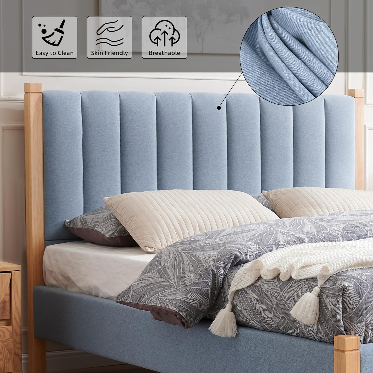 Queen Size Upholstered Bed Frame, Piano Key-Inspired Headboard, Linen Fabric, 4 Solid Wood Legs, Sturdy Metal & Wood Slats Construction, No Box Spring Needed, Easy Assembly, Light Blue