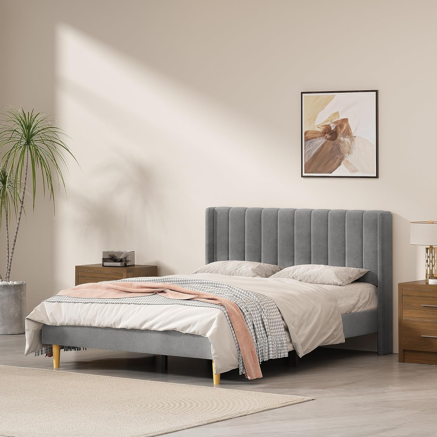 Queen Size Upholstered Platform Bed Frame with Headboard and Legsboard, Wooden Slats, Velvet Fabric, 5.9" Wood Bed Legs, No Box Spring Needed, Easy Assembly, Cream