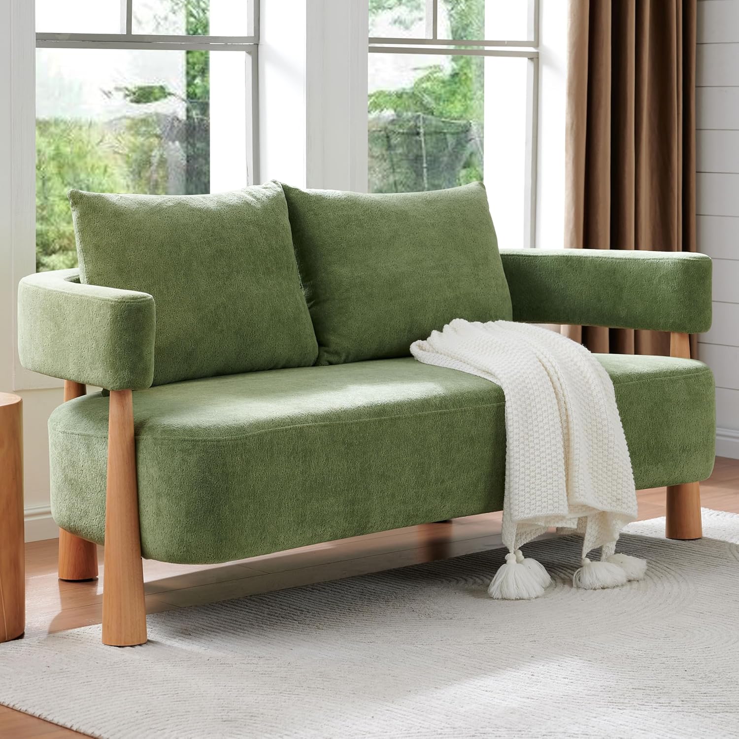 67" Premium Loveseat Sofa – Ergonomic Design with Curved Armrests, Chenille Fabric, High-Resilience Cushions, Solid Wood Legs, Floor Protection, Easy Assembly, 2 Matching Pillows, Green