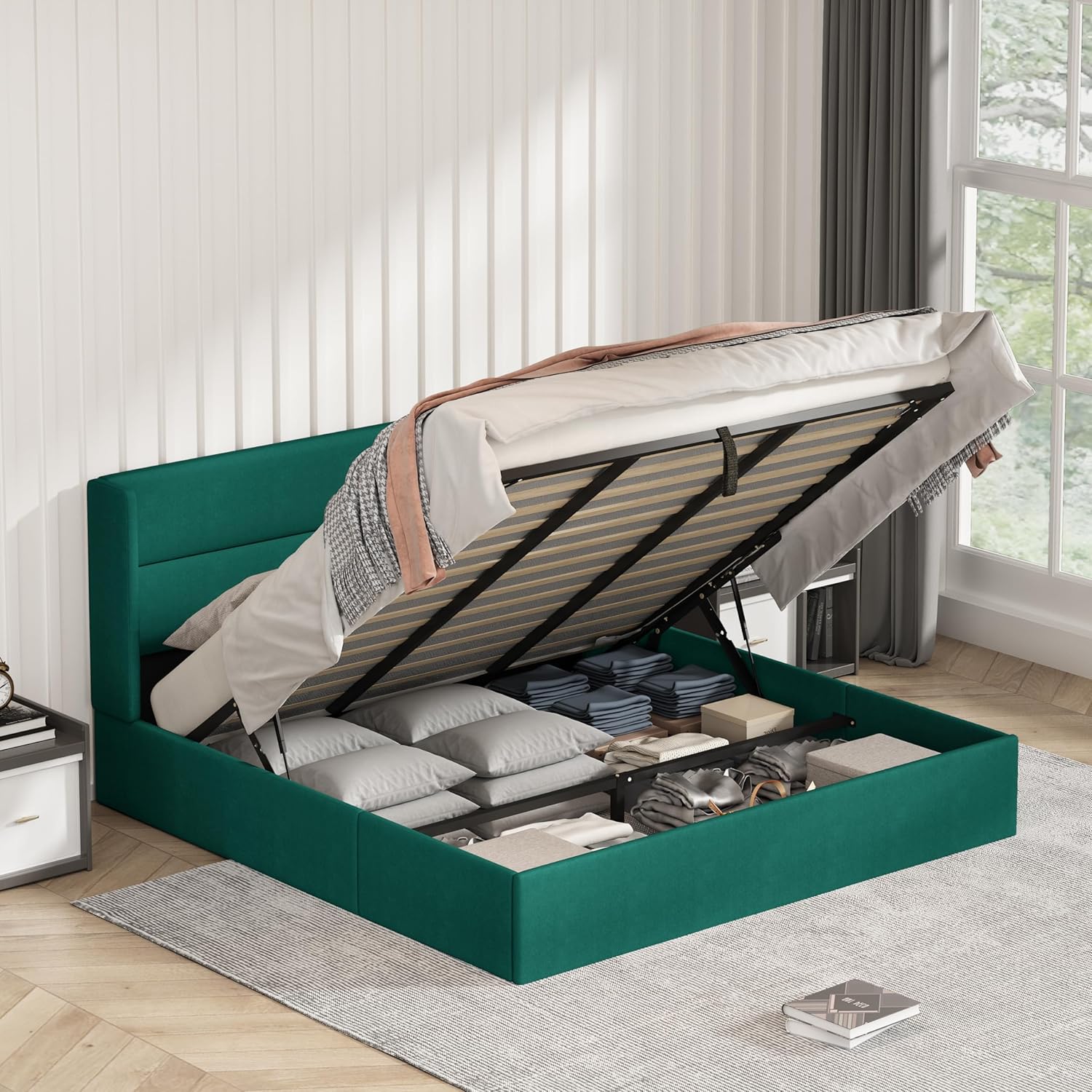 King Size Bed Frame with Storage, Upholstered Platform with Hydraulic, Flannel Fabric Wingback Headboard, Noiseless Wooden Slat Support, No Box Spring Needed, Misty Blue