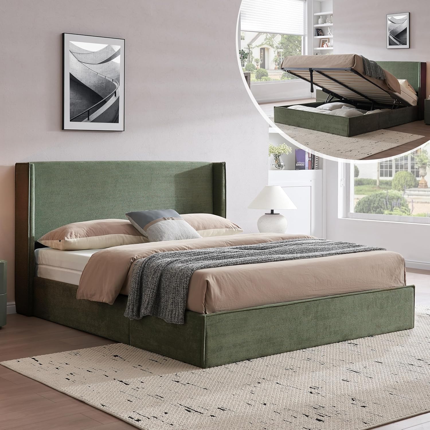 King Size Upholostered Bed Frame with Gas Lift Storage, Modern Wingback Headboard, Hydraulic Support, Corduroy Fabric, Sturdy, No Box Spring Needed, Easy Assembly, Cream