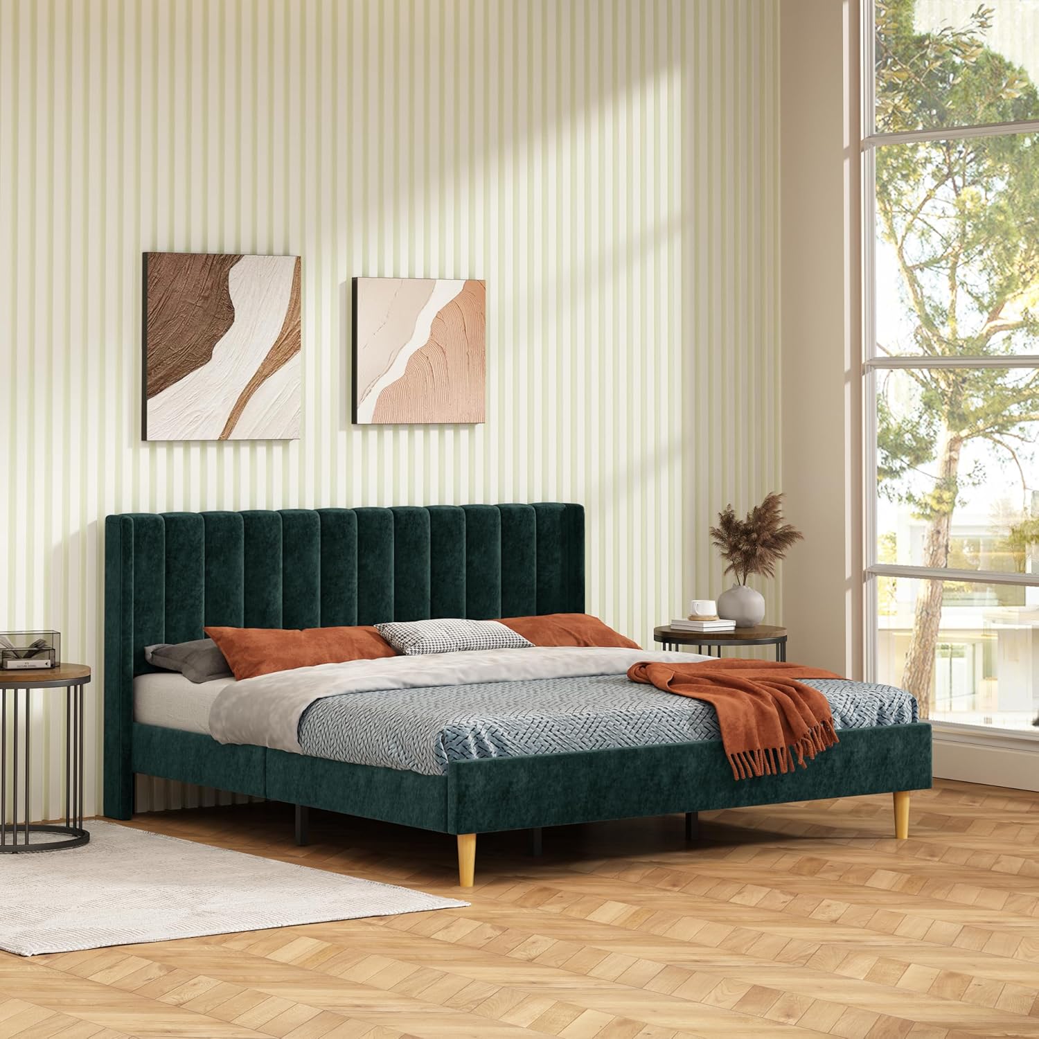 Twin Size Platform Bed Frame with Wingback Headboard, Velvet Fabric Upholsteredand, Metal Frame & Wooden Slats Support, No Box Spring Needed, Easy Assembly, Gray