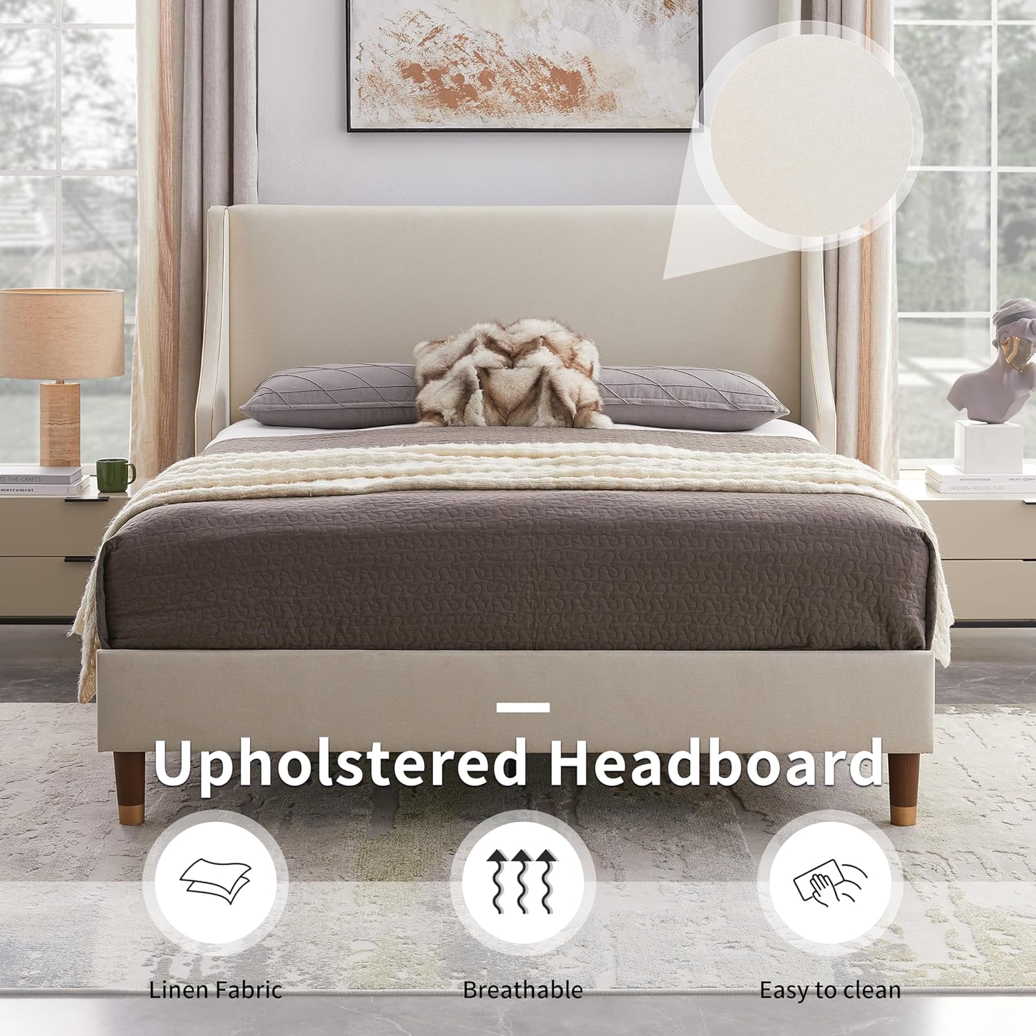 Queen Size Upholstered Platform Bed Frame, 15.16" Gold Edge Wingback Headboard, Linen Fabric & Wooden Slats, No Box Spring Needed, Easy Assembly, Beige