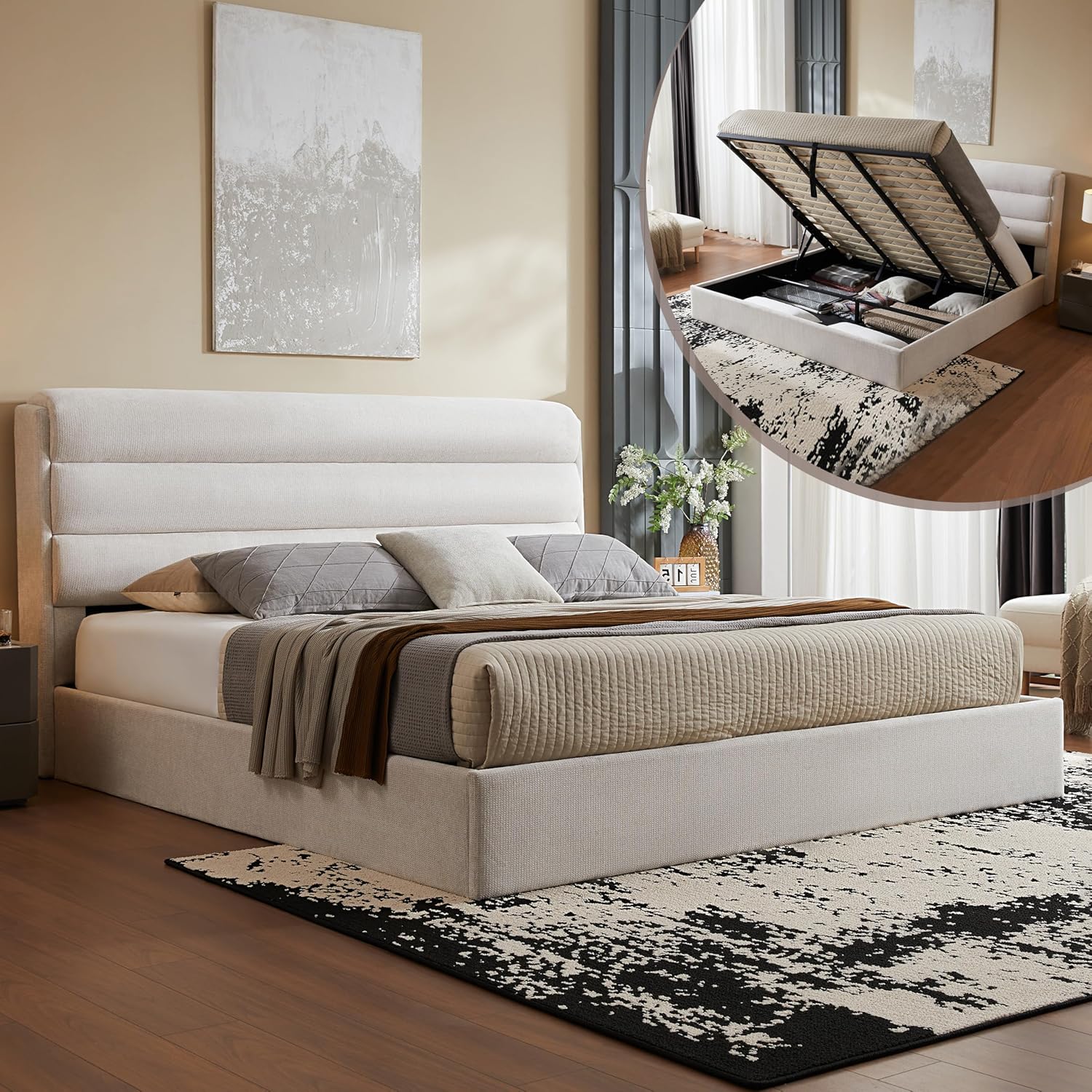 Lift Up Storage Bed Queen Size, Upholstered Platform Bed with Hydraulic System & Wood Slats Support, Queen Bed Frame with 3-Panel Headboard, No Box Spring Needed, Easy Assembly, Ivory