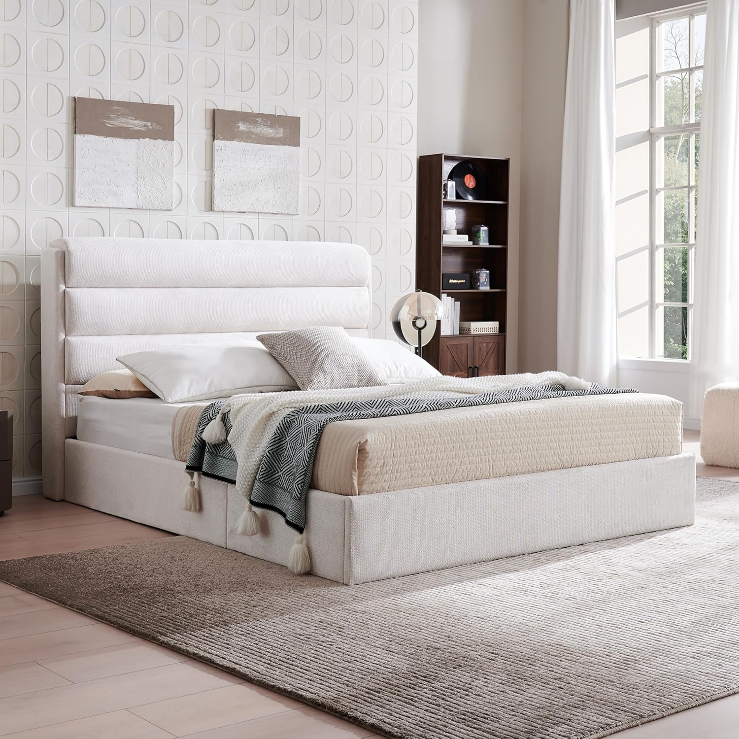 Lift Up Storage Bed Queen Size, Upholstered Platform Bed with Hydraulic System & Wood Slats Support, Queen Bed Frame with 3-Panel Headboard, No Box Spring Needed, Easy Assembly, Ivory