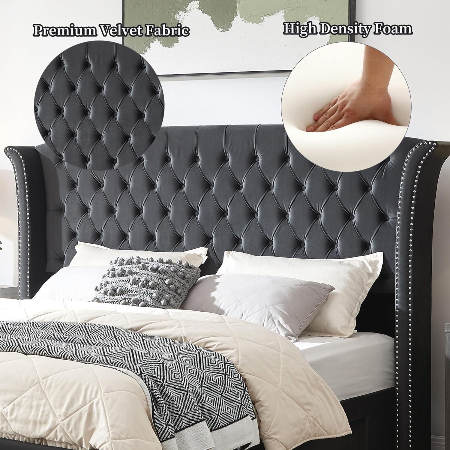 Upholstered Queen Size Bed Frame with 2 Storage Drawers, Button Tufted Wingback Headboard, Heavy Duty Mattress Foundation with Wooden Slats, No Box Spring Needed, Easy Assemable, Ink Blue