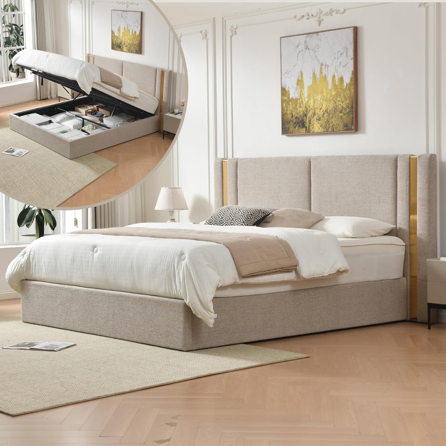 Queen Size Lift Up Storage Bed, Upholstered Platform Bed Frame with Linen Fabric, Solid-Platform Bed with Wide Headboard, Hydraulic Storage, No Box Spring Needed, Eay Assembly, Mink