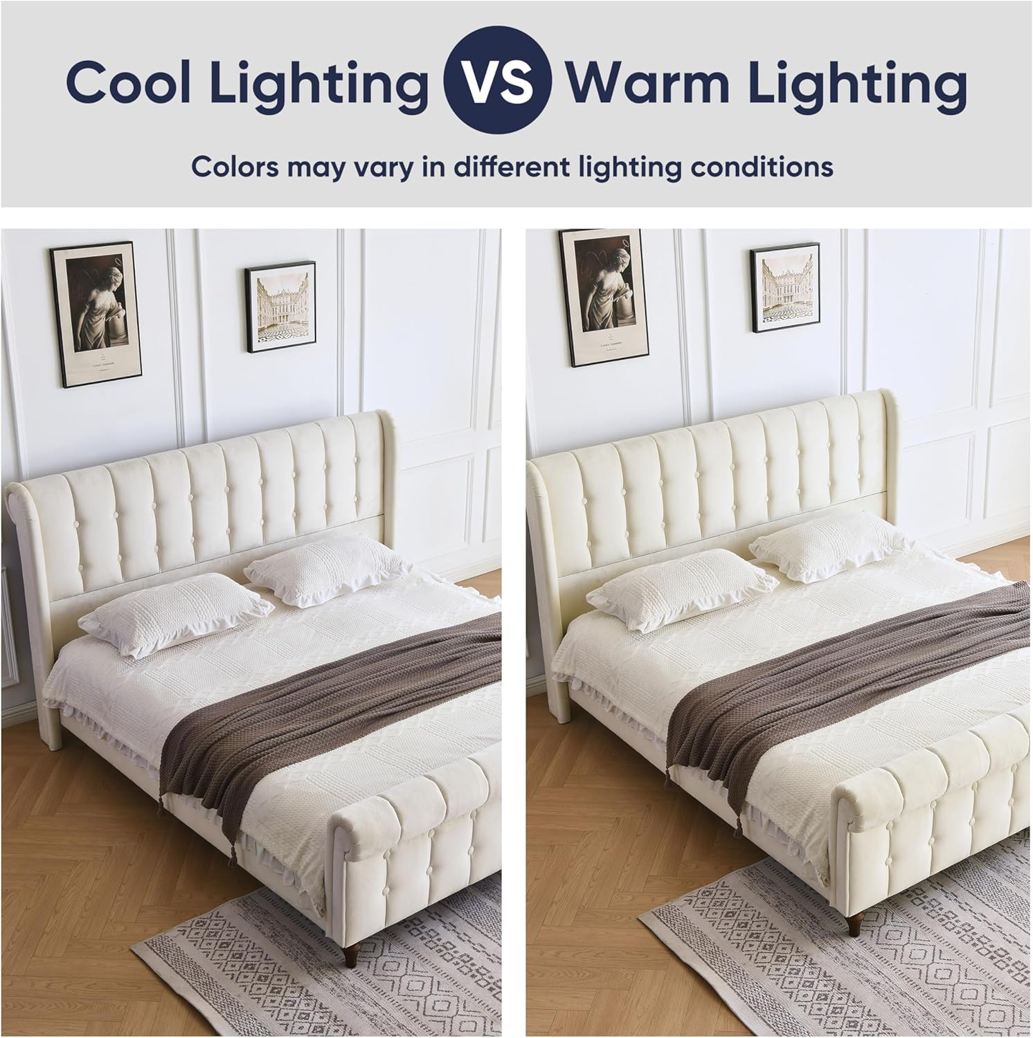 King Size Platform Bed Frame, Velvet Upholstered Sleigh Bed, Deep Button Tufted Wingback Headboard & Footboard, Wood Slat Support, No Box Spring Required, Easy Assemble, Cream