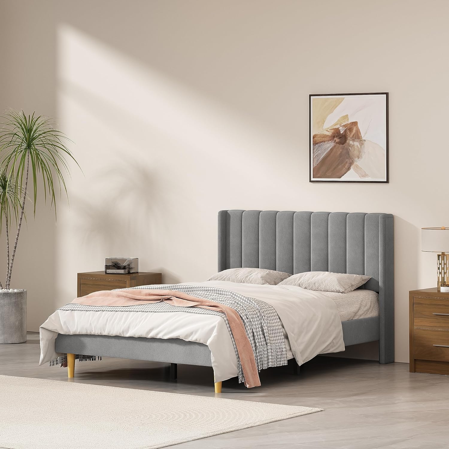 Queen Size Upholstered Platform Bed Frame with Headboard and Legsboard, Wooden Slats, Velvet Fabric, 5.9" Wood Bed Legs, No Box Spring Needed, Easy Assembly, Cream