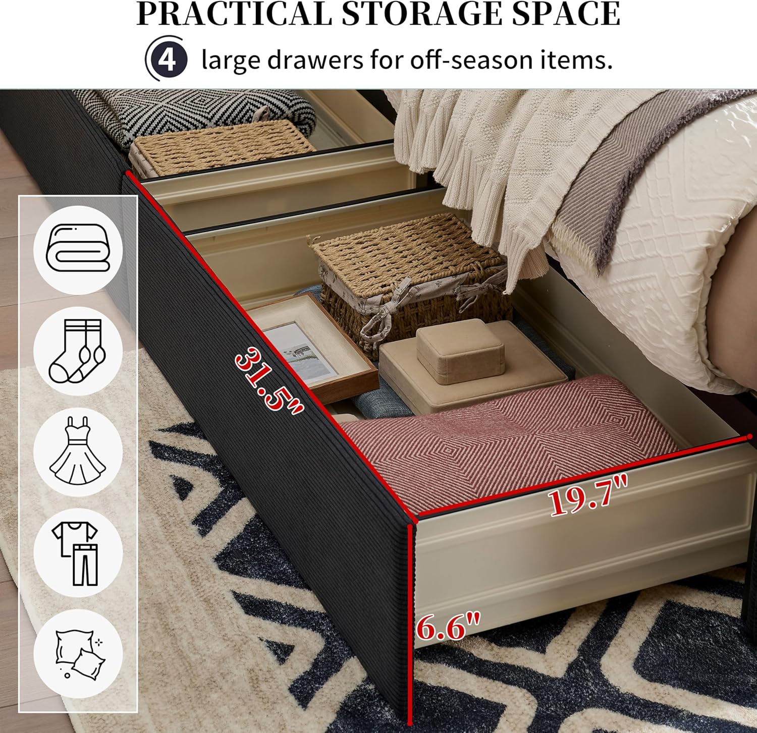 King Size Platform Bed Frame with 4 Storage Drawers, Upholstered Headboard, Wooden Slats Support, Fully Upholstered Mattress Foundation, No Box Spring Needed, Easy Assembly, Black