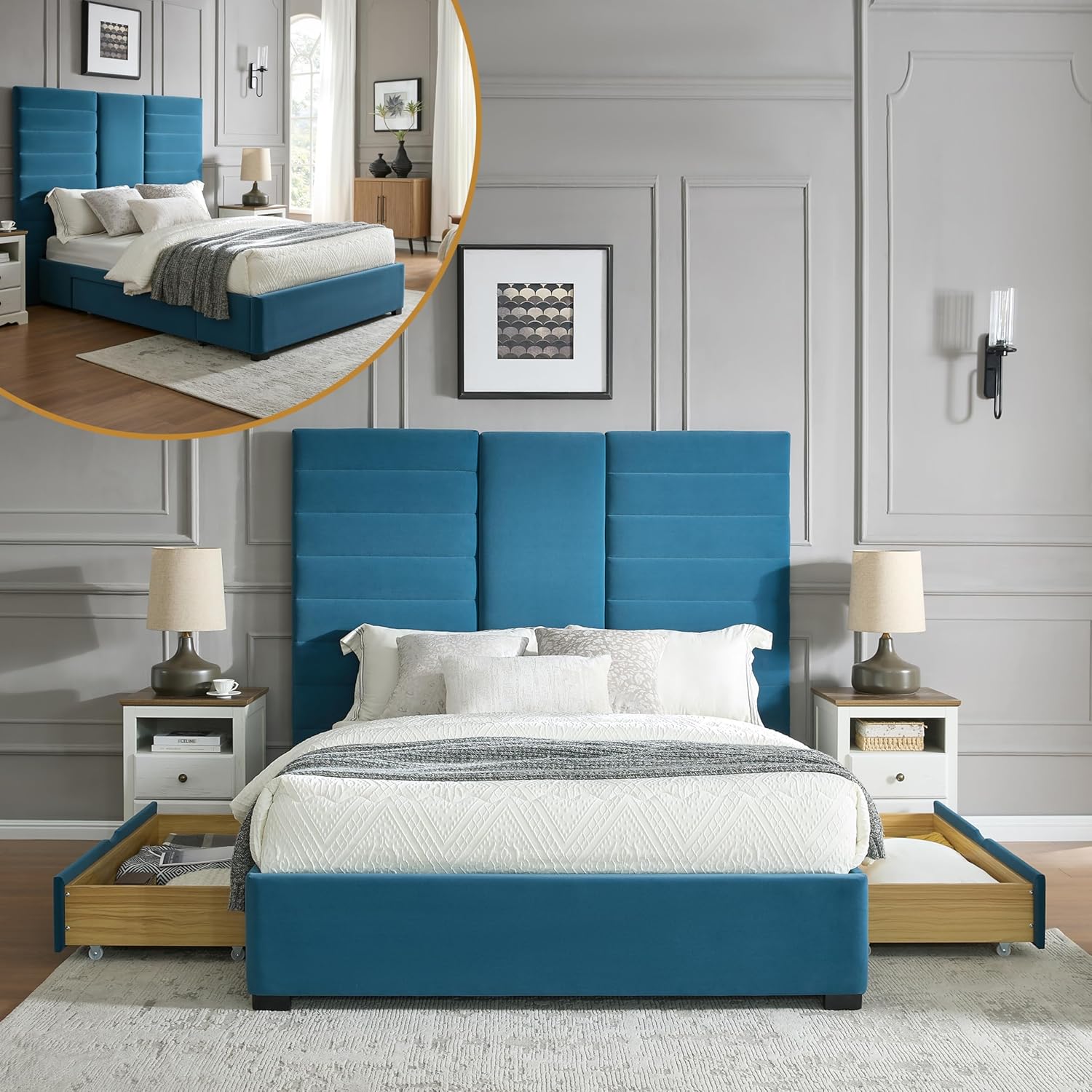 King Size Bed Frame with 2 Storage Drawers, Platform Bed Frame with Velvet Fabric, Wood Bed Frame with Headboard & Storage Underneath, Wooden Slats, No Box Spring Needed, Easy Assembly, Cream