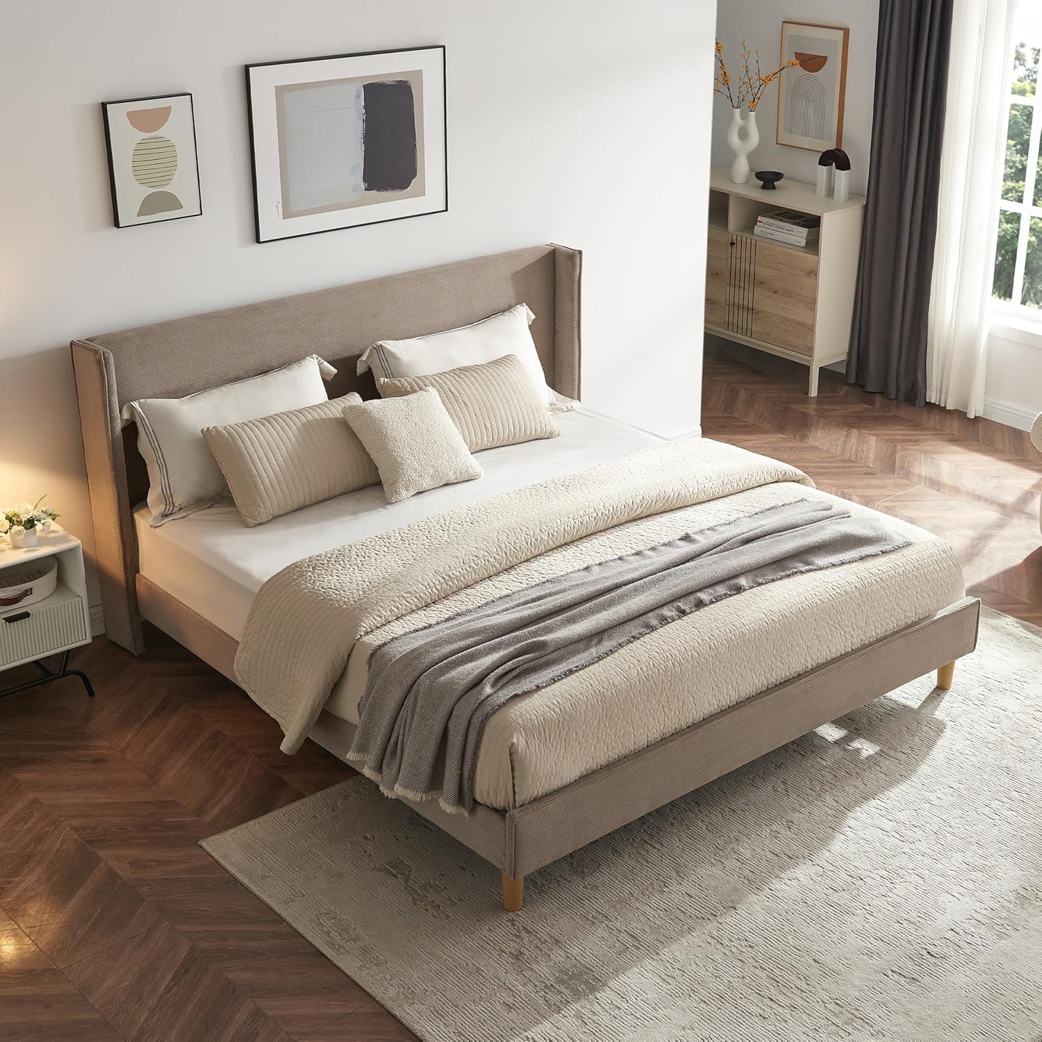 Queen Bed Frame with 42.5" High Wingback Headboard, Tall Upholstered Bed, Wooden Slats Support, Corduroy Upholstered, Noise Free, No Box Spring Needed, Easy Assembly, Turtle