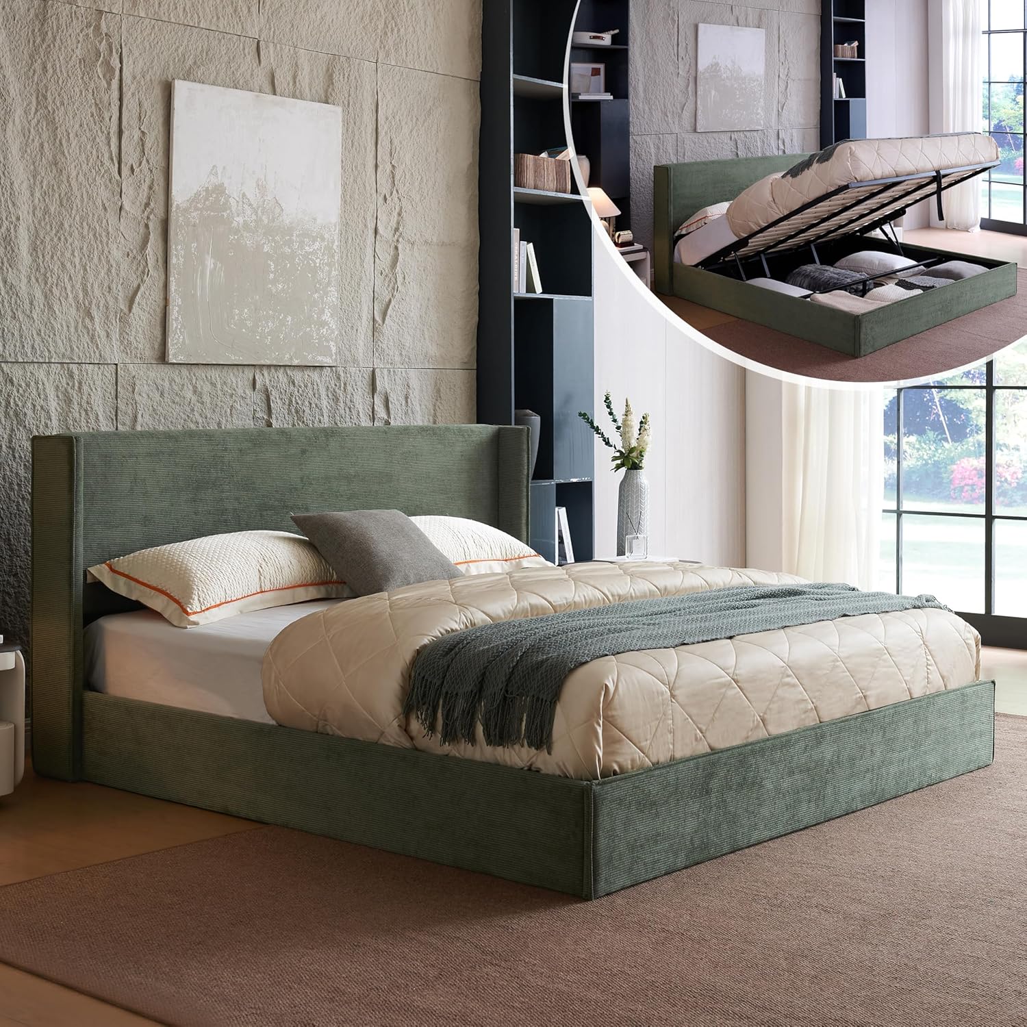 King Size Upholostered Bed Frame with Gas Lift Storage, Modern Wingback Headboard, Hydraulic Support, Corduroy Fabric, Sturdy, No Box Spring Needed, Easy Assembly, Cream