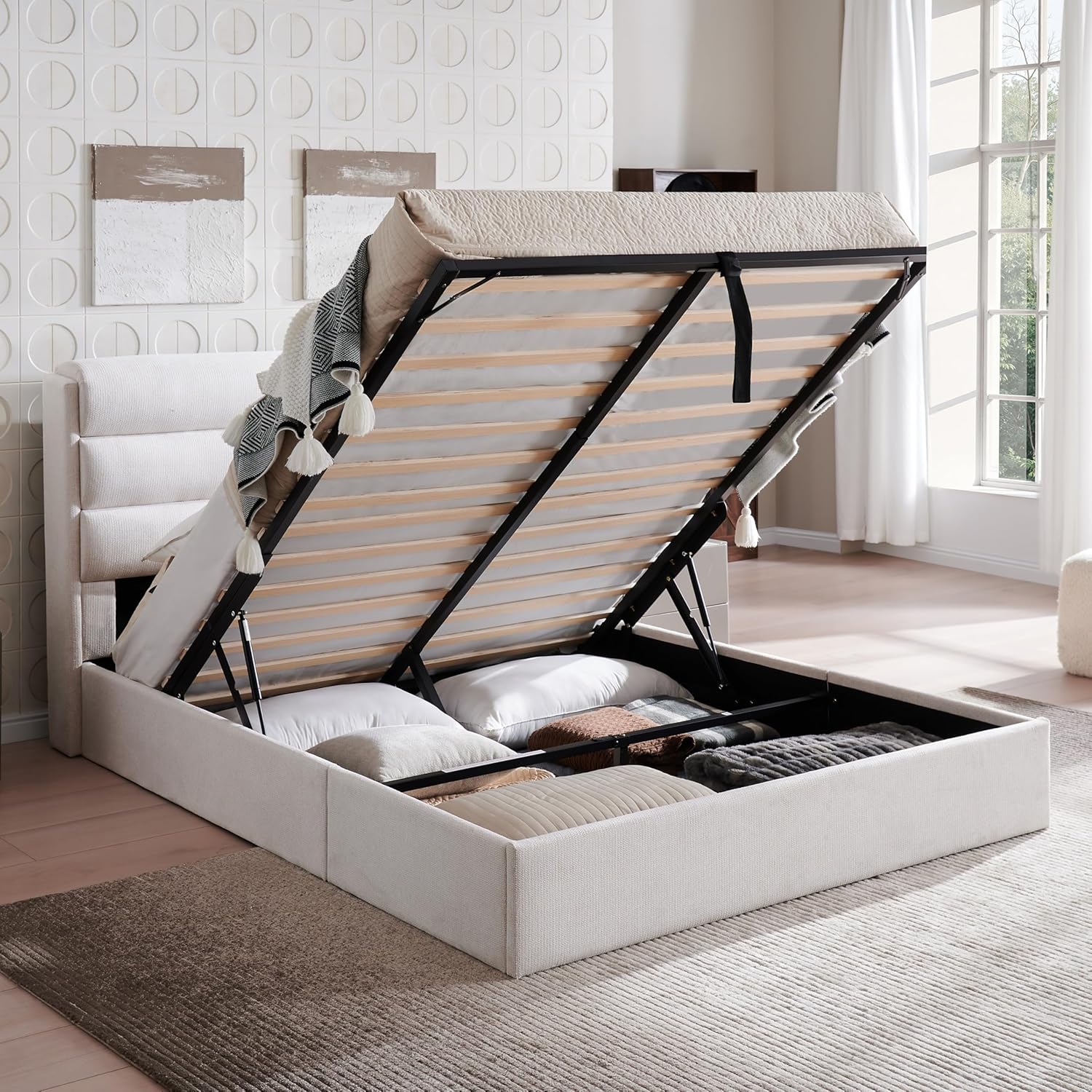 Lift Up Storage Bed Queen Size, Upholstered Platform Bed with Hydraulic System & Wood Slats Support, Queen Bed Frame with 3-Panel Headboard, No Box Spring Needed, Easy Assembly, Ivory