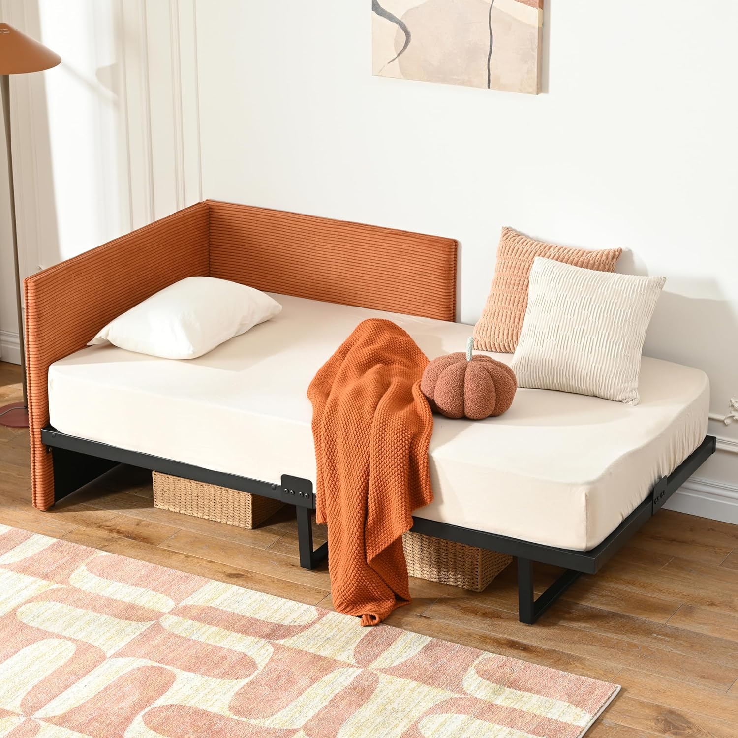 Twin Size Upholstered Daybed Frame, Corduroy Corner Sofa Bed, Guest Bed with Versatile Side Placement, Wood Slat Support, Kids & Teens Rooms, No Box Spring Needed, Easy Assembly, Cream