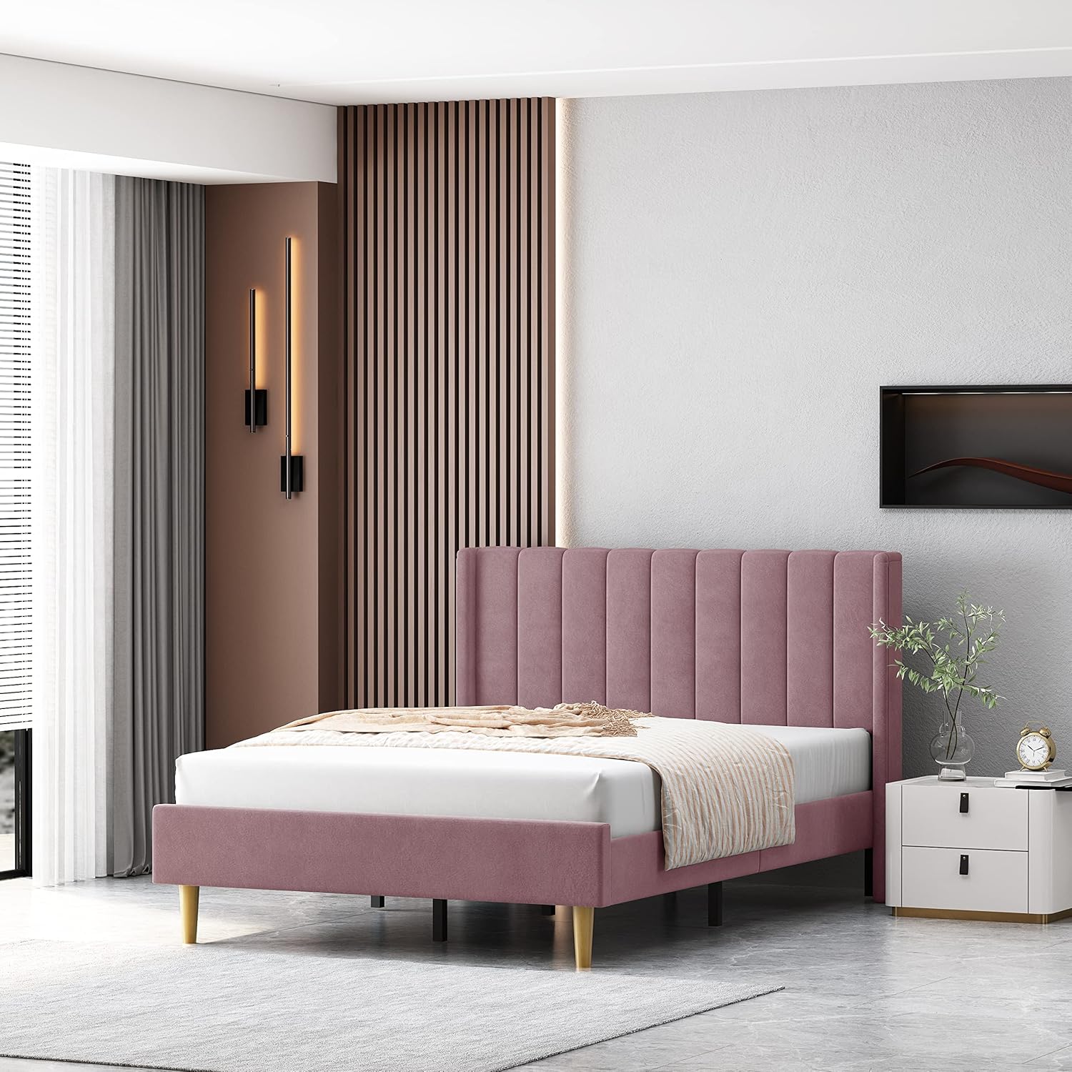 Queen Size Upholstered Platform Bed Frame with Headboard and Legsboard, Wooden Slats, Velvet Fabric, 5.9" Wood Bed Legs, No Box Spring Needed, Easy Assembly, Cream