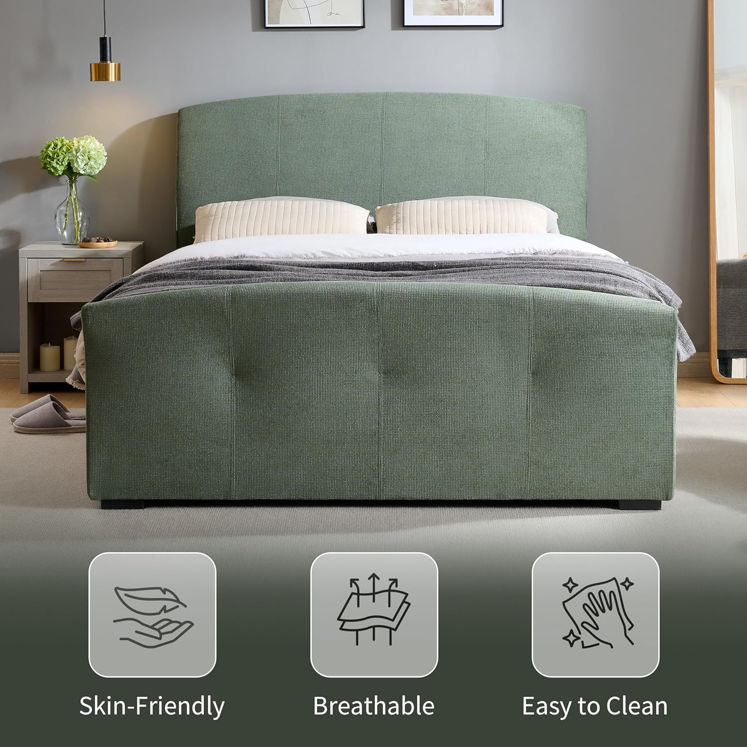 Lift-Up Queen Size Upholstered Bed Frame with Side-Opening Hydraulic Storage, Padded Headboard, Metal Frame, No Box Spring Needed, Moss Green