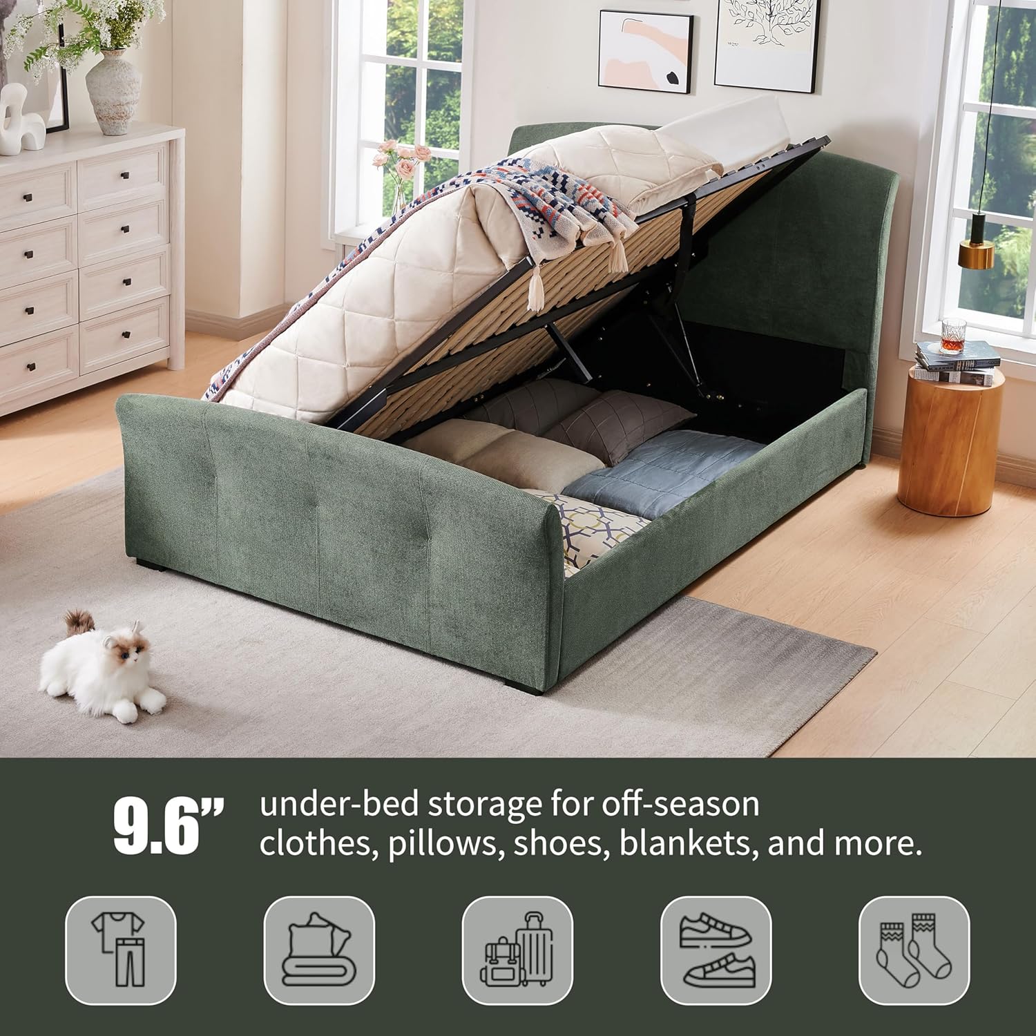 Lift-Up Queen Size Upholstered Bed Frame with Side-Opening Hydraulic Storage, Padded Headboard, Metal Frame, No Box Spring Needed, Moss Green